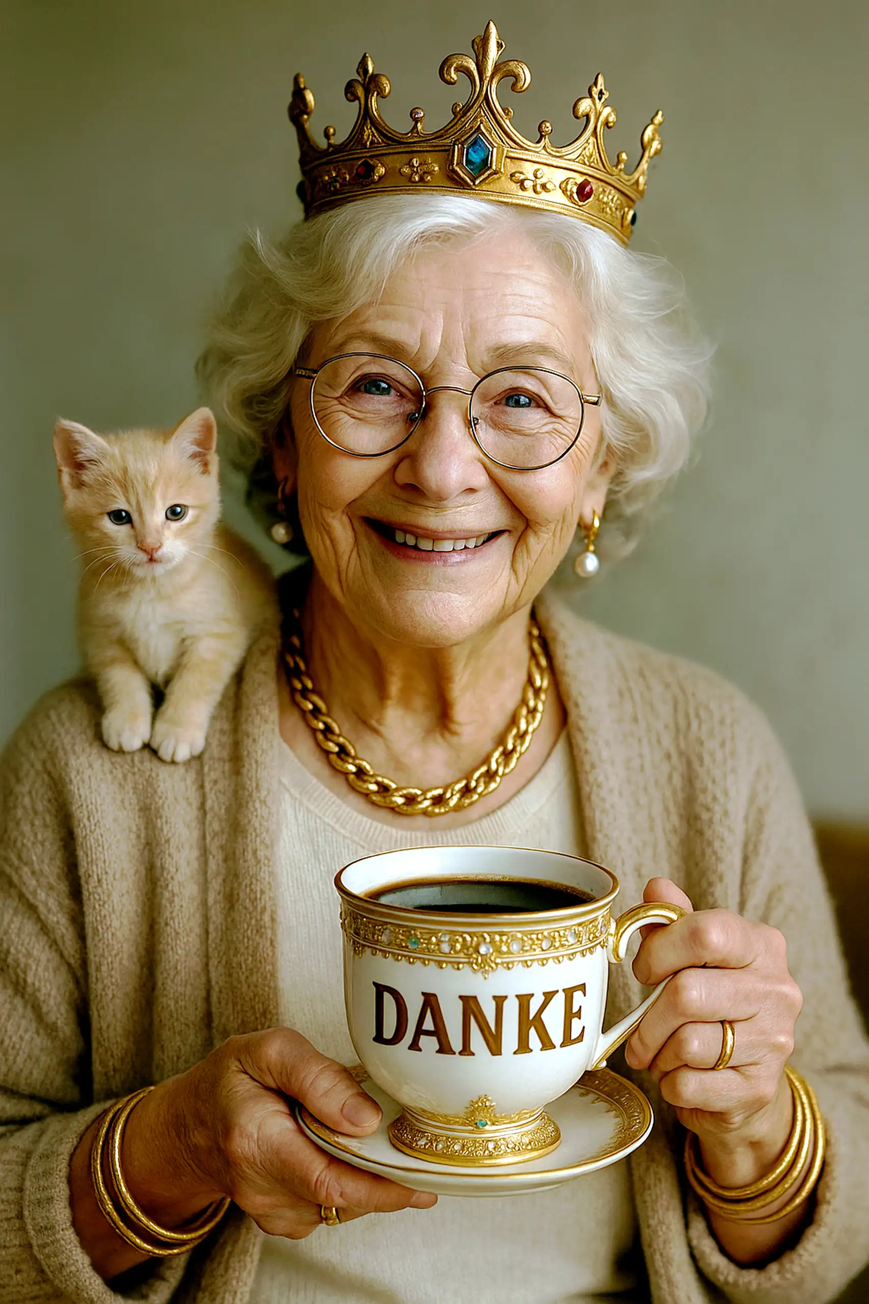 Eine ältere Dame mit silbergrauem Haar und runder Brille strahlt mit einem herzlichen Lächeln, während sie eine prächtige Tasse mit goldener Verzierung und der Aufschrift "DANKE", gefüllt mit Kaffee, auf einer passenden Untertasse hält. Sie trägt eine gol