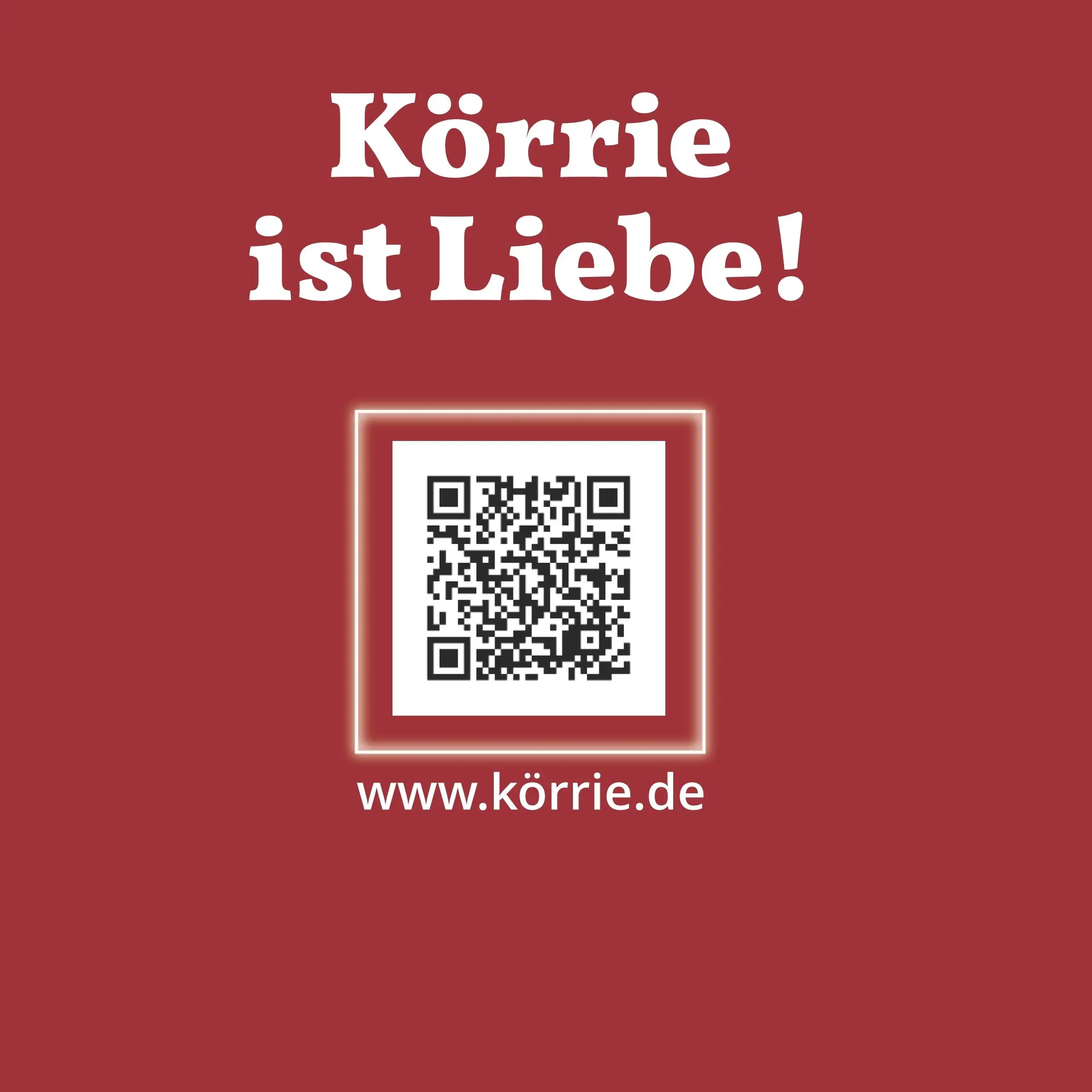 Zusätzliches Bild des Körrie-Support-Hefts / Körrie KSH: Rückseitenansicht des Körrie-Support-Heft mit dem Slogan "Körrie ist Liebe!" in weißer Schrift, einem QR-Code für schnelle Webshop-Zugriffe und der Website www.körrie.de, präsentiert als Teil des He
