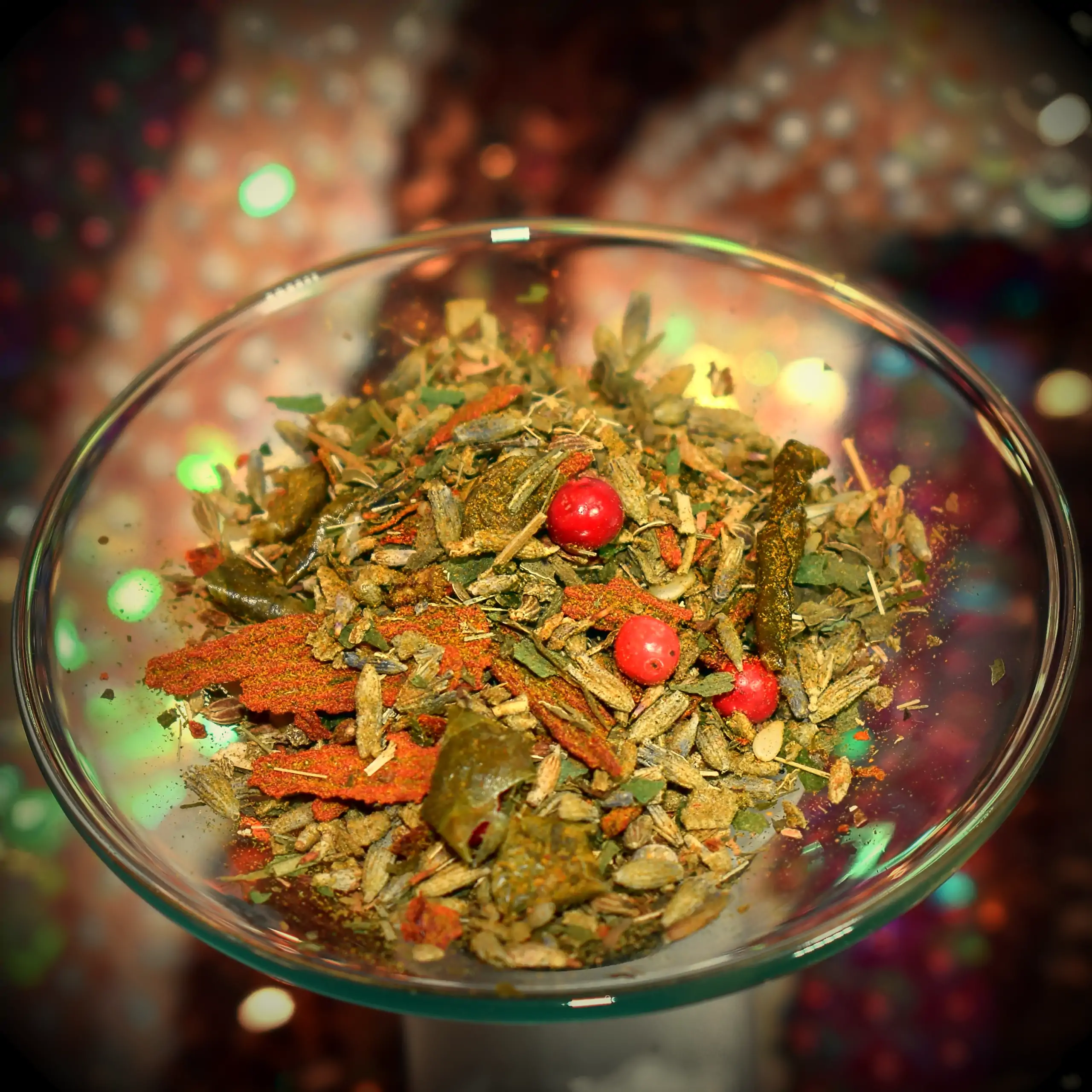 Alternatives Vorschaubild der Galerie für Körrie FLX Gewürzmischung: Eine farbenfrohe, grob geflockte Kräuter- und Gewürzmischung mit roten Beeren, grünen Blättern, lavendelblauen Blüten, würzigen Flocken und braunen Zimtrindestückchen, kunstvoll in einem