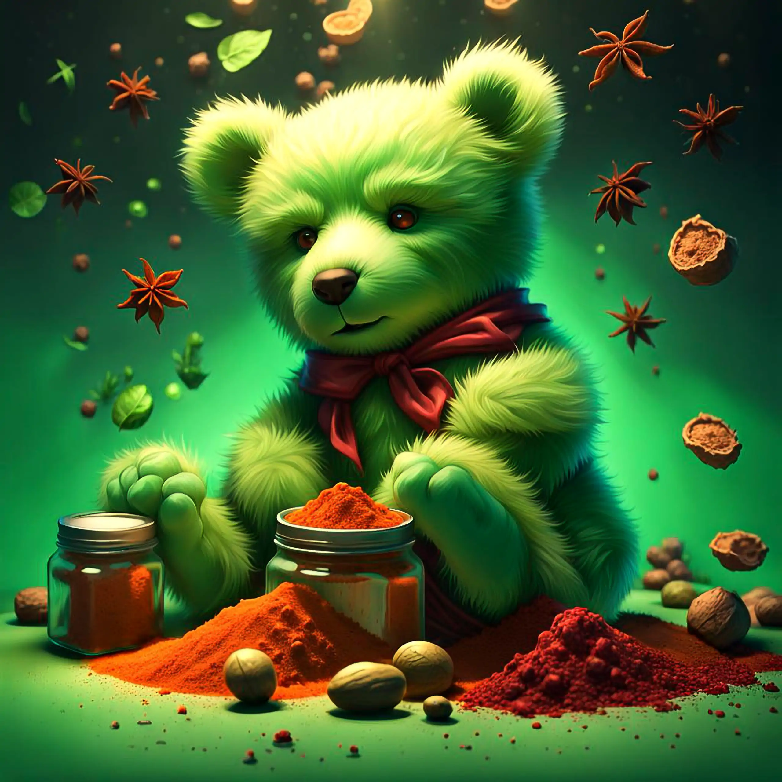 Ein niedlicher, grüner Teddybär – das ikonische Berliner Wappentier, als Plüschtier pure Geborgenheit, Vertrauen und herzerwärmendes Wohlgefühl vermittelnd – sitzt in einer magischen, von schwebenden Gewürzen wie Sternanis, Nüssen, Blättern und Orangensch