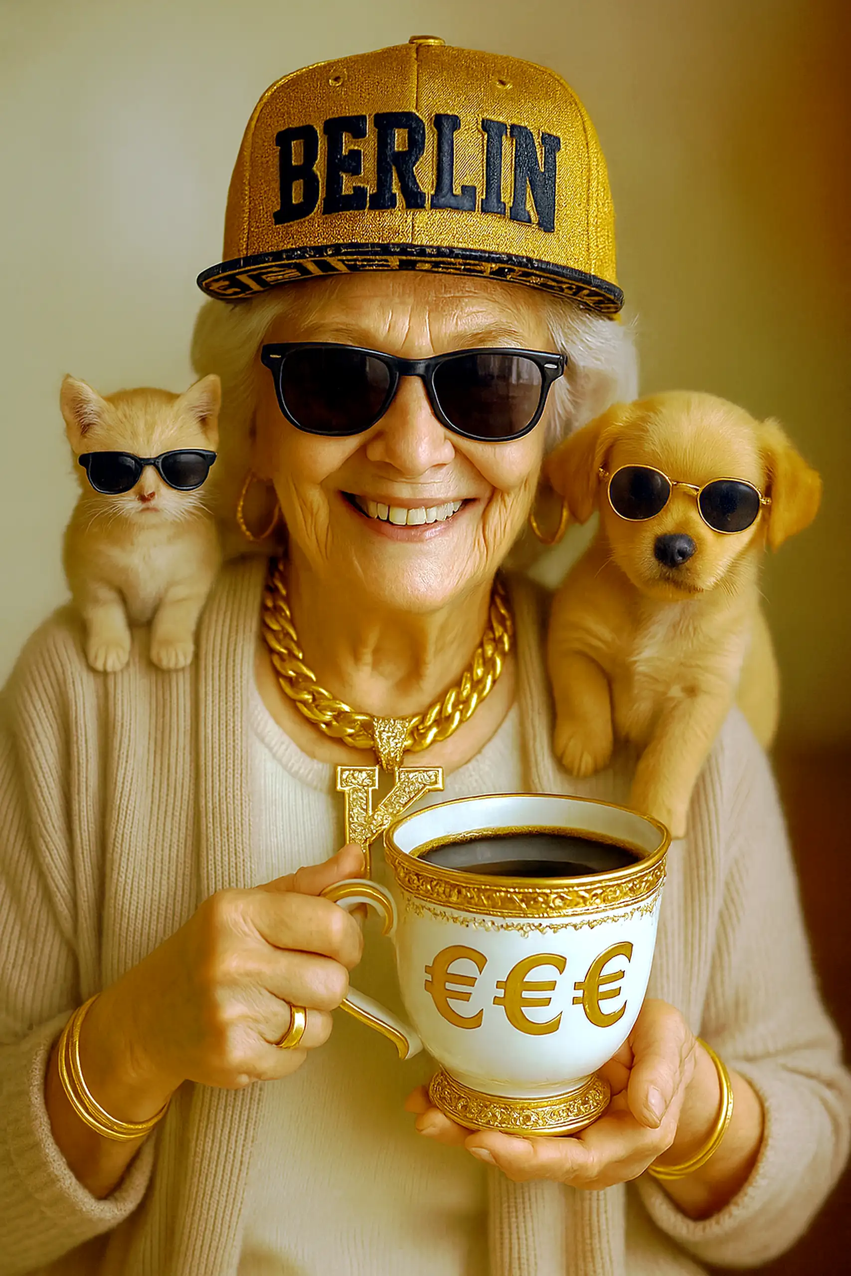 Eine ältere Dame mit silbergrauem Haar strahlt Zufriedenheit aus, während sie eine luxuriöse Tasse mit drei kräftigen Eurosymbolen und der Aufschrift "DANKE", gefüllt mit aromatischem Kaffee, auf einer edlen Untertasse präsentiert. Sie trägt ein riesiges 