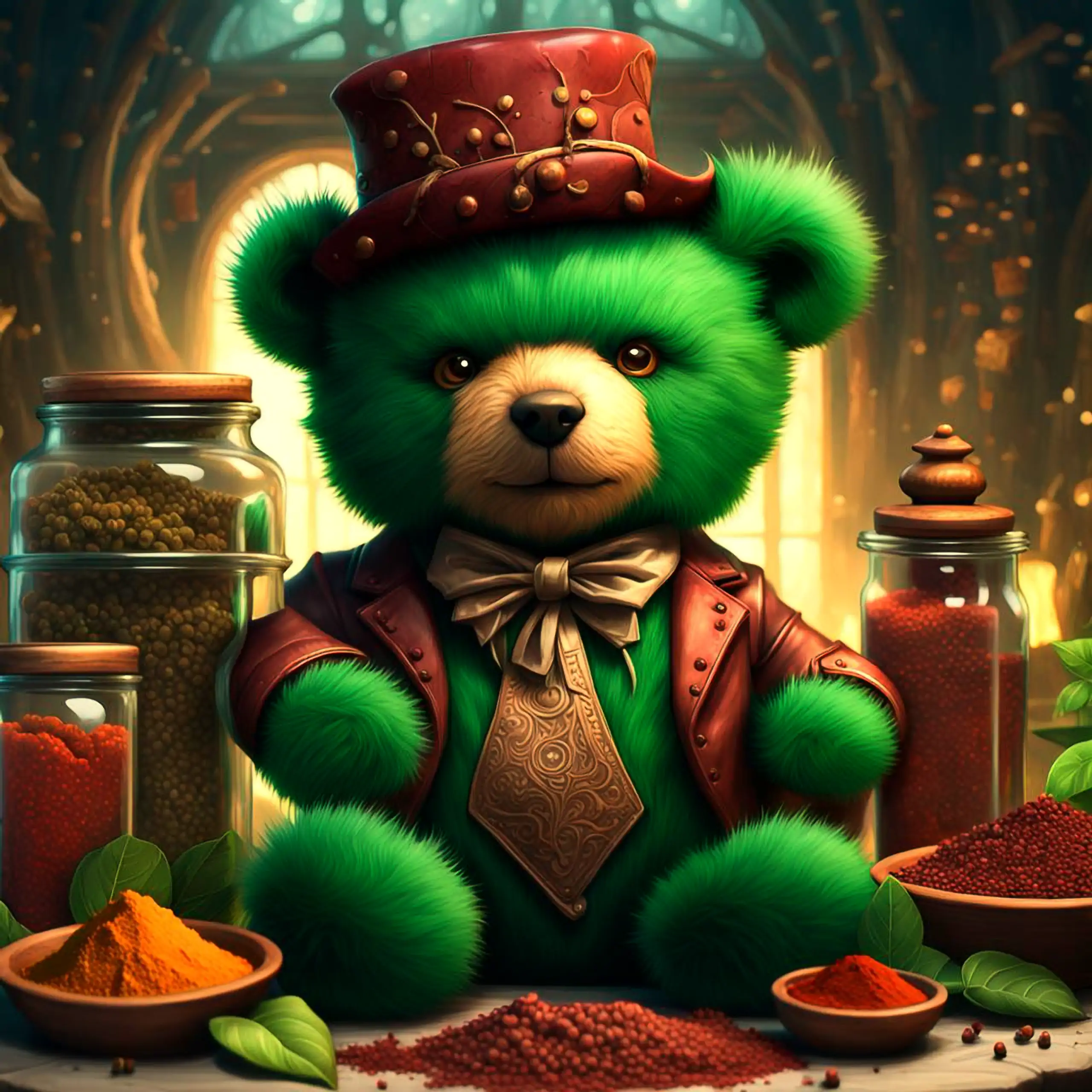 Ein eleganter, grüner Teddybär – das Wappentier Berlins, das pure Geborgenheit, Vertrauen und herzerwärmendes Wohlgefühl vermittelt – sitzt in einer magischen, warm beleuchteten Szene mit einem roten Hut, Lederweste und Krawatte, umgeben von Gewürzgläsern
