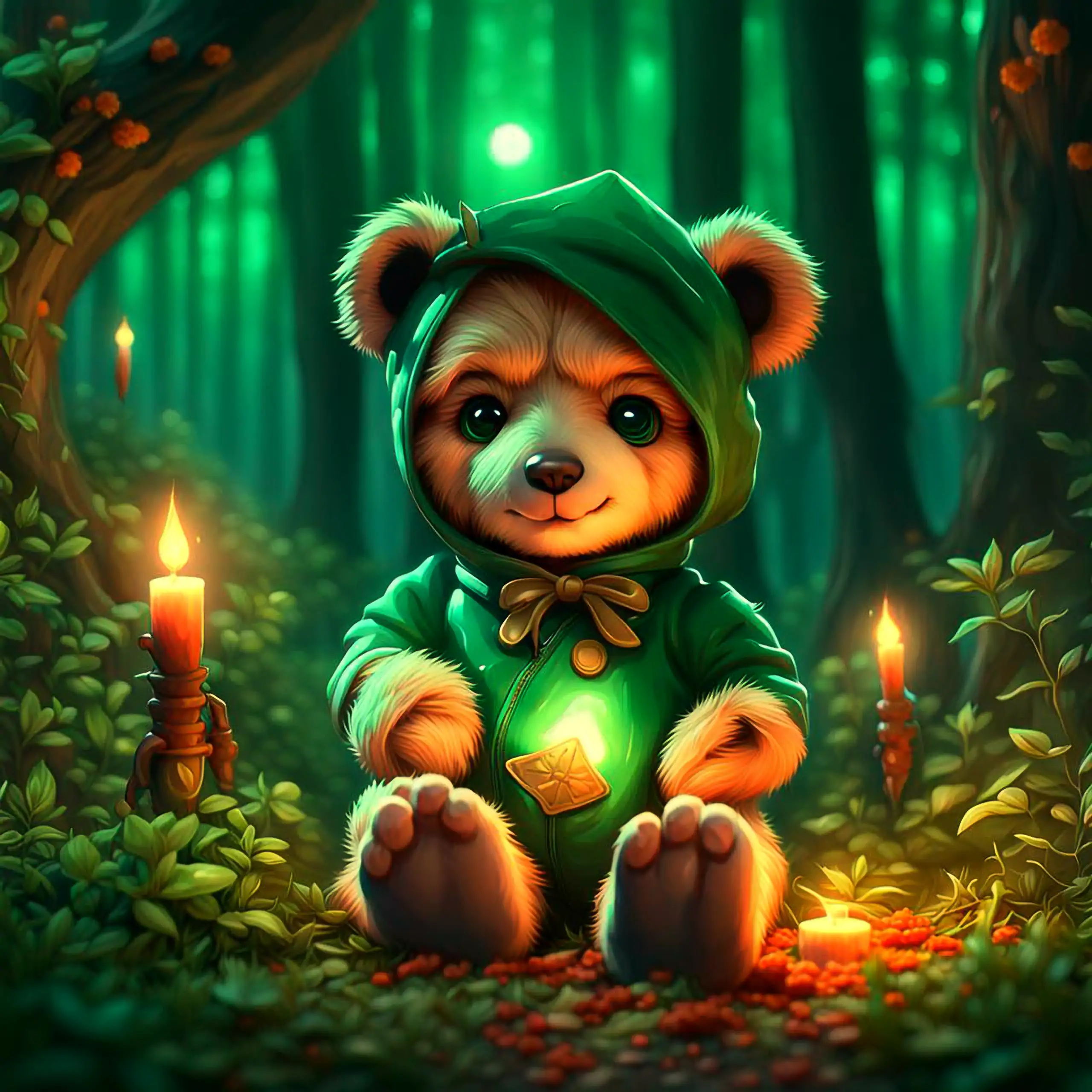 Ein zauberhafter, grüner Teddybär – das Berliner Wappentier als liebevolles und sinnliches Plüschtier – sitzt in einem fantasievollen LARP-Cosplay-Stil mit grünem Kapuzenumhang und leuchtendem Amulett in einer mystisch-verträumten Waldszene, beleuchtet vo