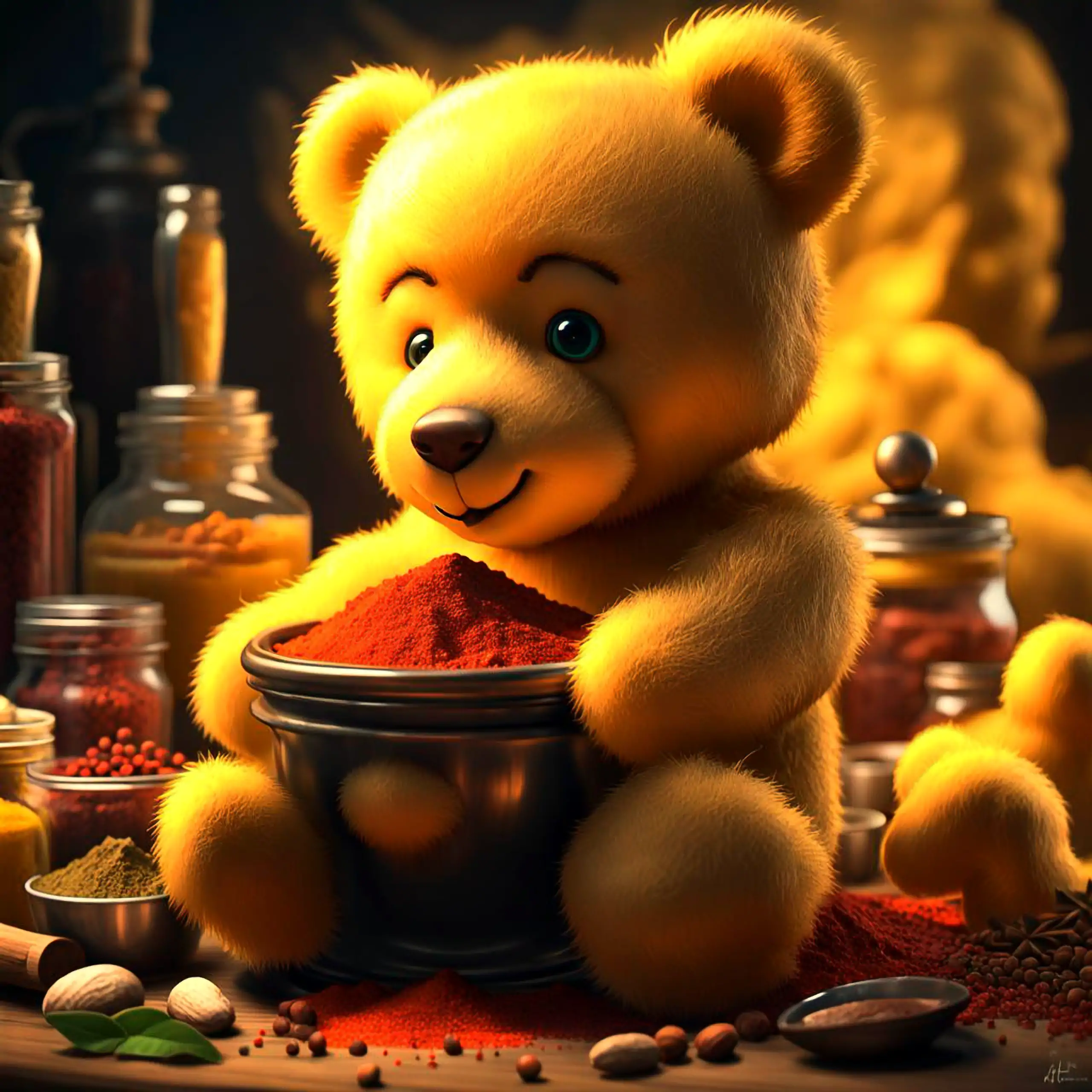 Ein entzückender, goldgelber Teddybär – als liebevolles Plüschtier gestaltetes Berliner Wappentier, Geborgenheit, Sicherheit und Wohlgefühl vermittelnd – sitzt in einer warm beleuchteten, mystischen Szene und hält eine große Schüssel voller intensiv roten