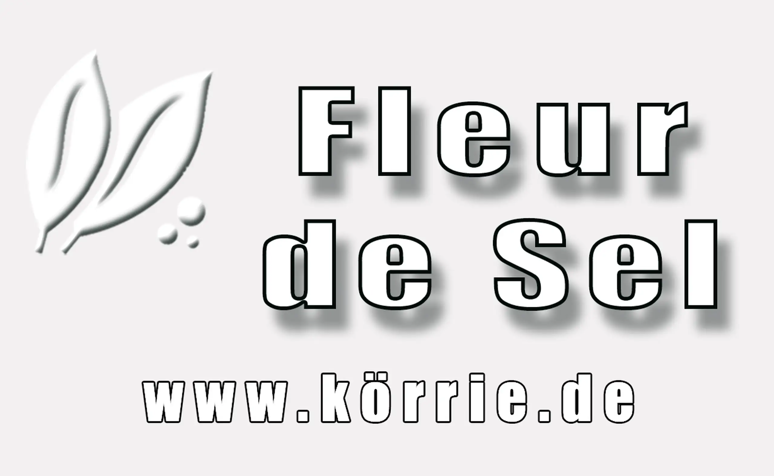 Vorlagegrafik des Etiketts für Fleur de Sel: Eine weißgraue Vorlagegrafik als Ansicht des Etiketts, mit weißem Blatt-Logo, dem prominenten Produktnamen "Fleur de Sel" in fetter Typografie und der Website www.körrie.de, die den Markenclaim für ehrliche Gew