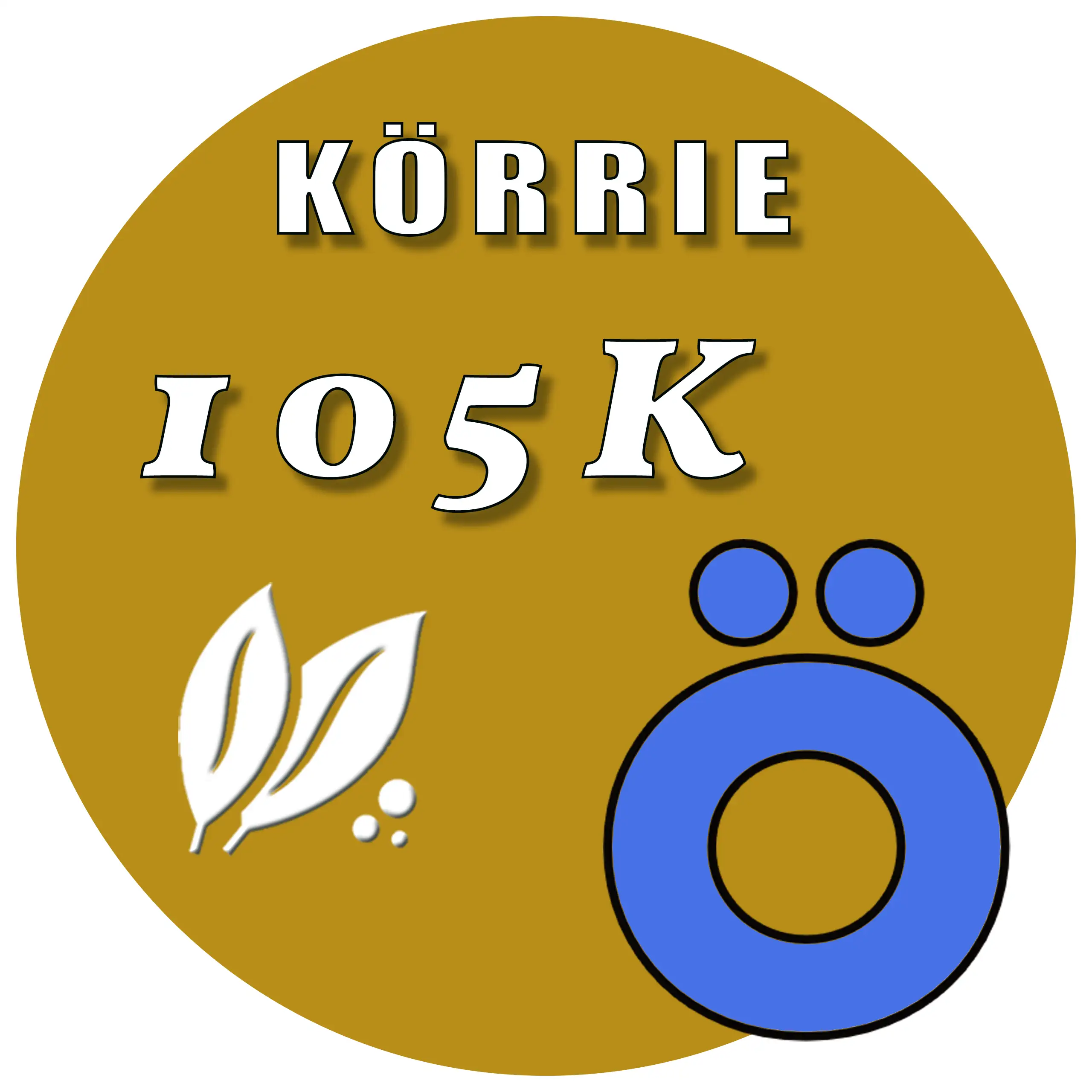 Produkt-Button für Körrie 105 Kapseln / Körrie 105K: Ein goldener, runder Button mit weißem Text "KÖRRIE 105K", stilisierten Blättern und einem prominenten "Ö"-Symbol (das "Ö" aus dem Logo von "Körrie - die ehrlichen Gewürzmischungen"), symbolisierend nat