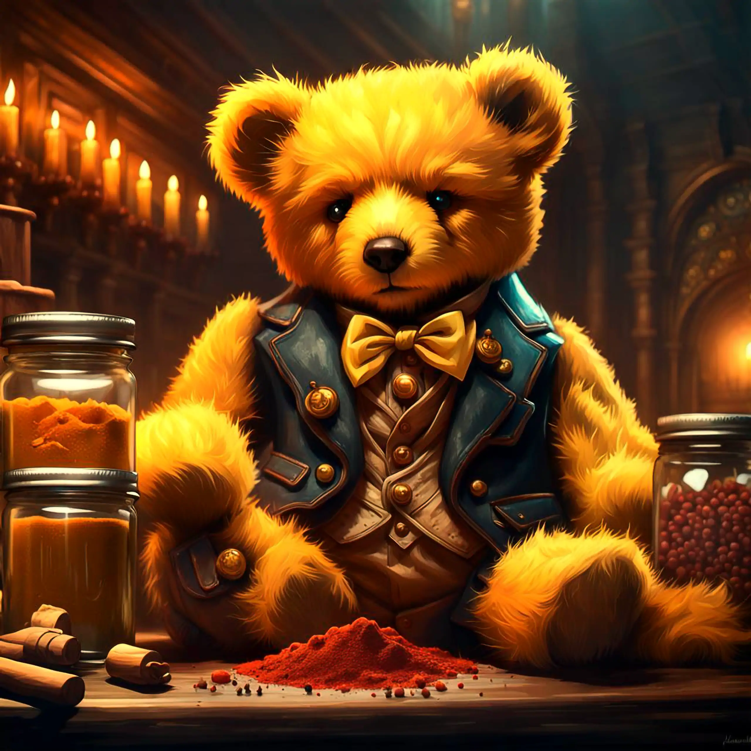 Ein eleganter, goldgelber Teddybär – das Berliner Wappentier als Kuscheltier, Geborgenheit, Vertrauen und Sicherheit vermittelnd – sitzt in einer mystischen, kerzenbeleuchteten gotischen Halle, gekleidet in eine feine, gefütterte Satinweste mit Fliege, um