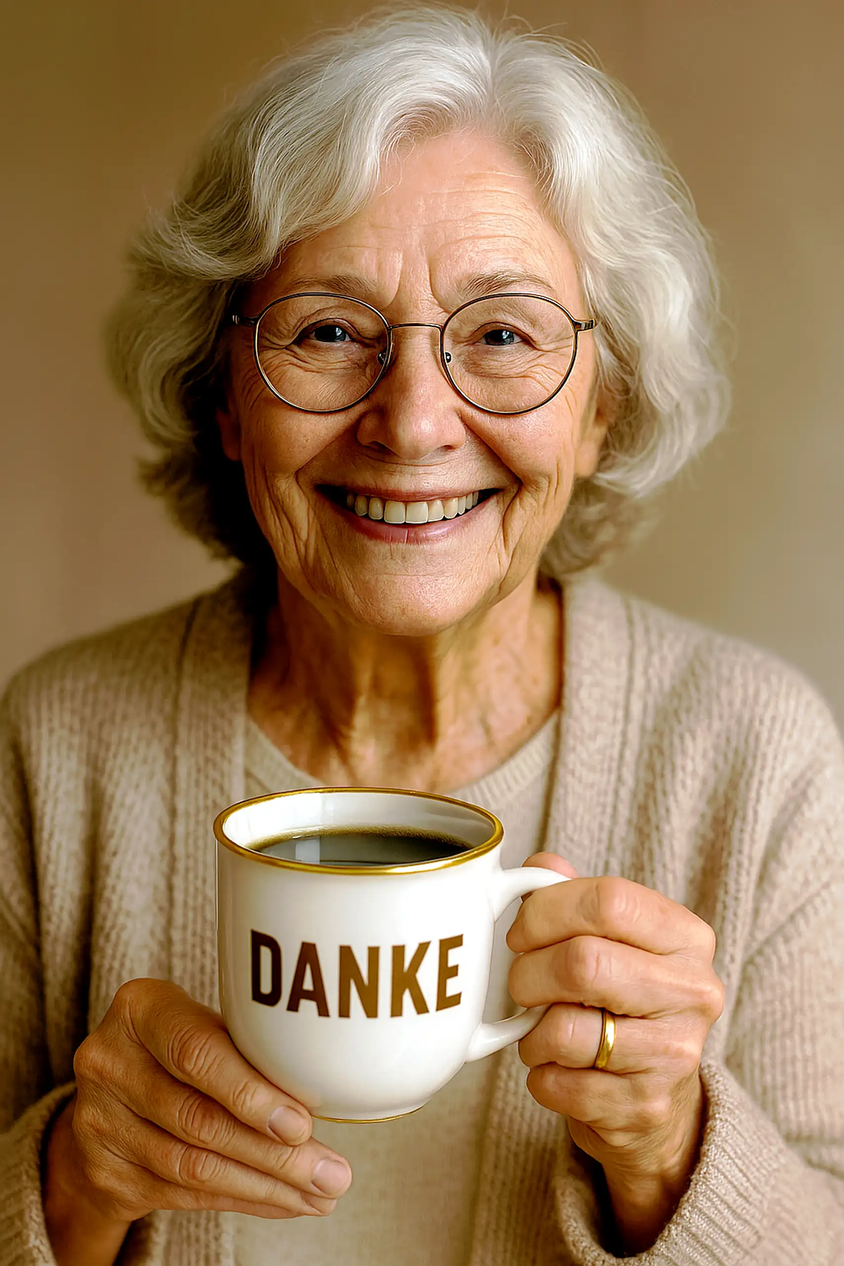 Eine ältere Dame mit silbergrauem Haar und Brille mit runden, feingerahmten Gläsern strahlt übers ganze Gesicht, während sie eine weiße Tasse mit goldener Umrandung und der Aufschrift "DANKE" hält, gefüllt mit aromatischem Kaffee. Sie trägt einen beigen P
