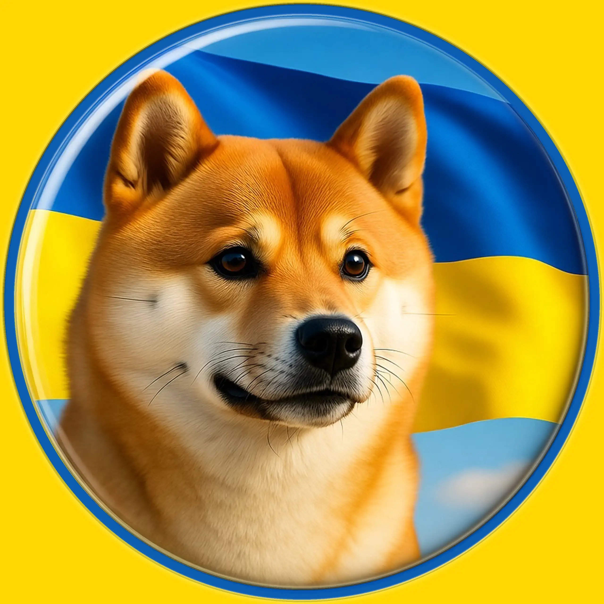 Vorschaubild der Preisgruppe 4 (vorletzte von fünf) des gestickten Körrie-Fan-Patch (KFP) von @kauftkoerrie, mit einem Shiba Inu (Maskottchen der Bewegung "NAFO") vor der ukrainischen Flagge in Blau und Gelb. Ein Teil des Erlöses unterstützt Projekte für 