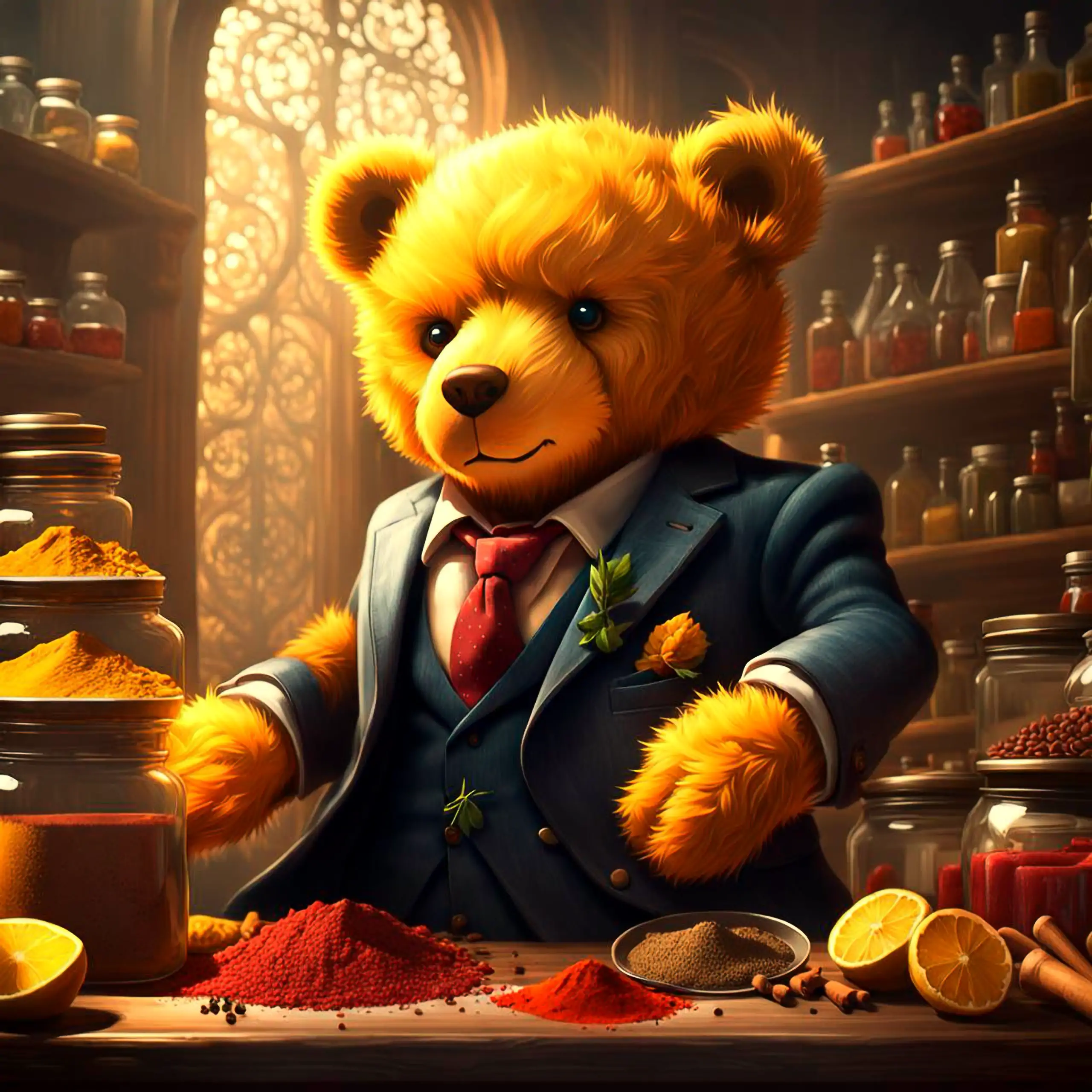 Ein eleganter, goldgelber Teddybär – ikonisches Wappentier Berlins, Geborgenheit, Vertrauen und sicheres Wohlgefühl vermittelnd – sitzt in einem klassischen Anzug mit Krawatte und Boutonnière in einer magischen, warm beleuchteten Gewürzhandlung, mischt ro