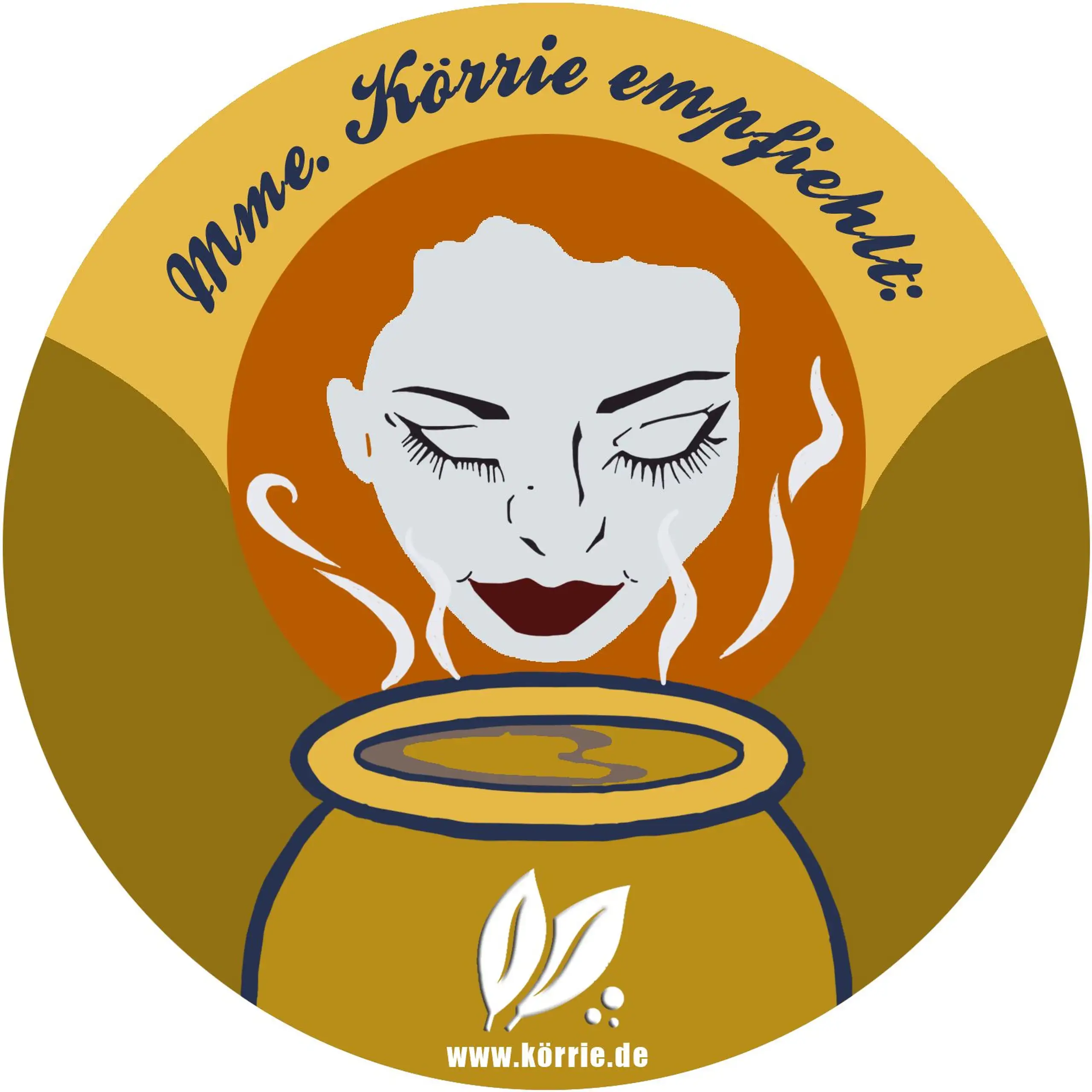 Vorlagegrafik des Körrie-Support-Aufklebers (Körrie KSA) "Madame Körrie": Eine goldene, runde Voransicht der Vorlagegrafik als Ansicht des Aufklebers, mit dem prominenten Claim "Madame Körrie empfiehlt:" in blauer Schrift, einer stilisierten Illustration 