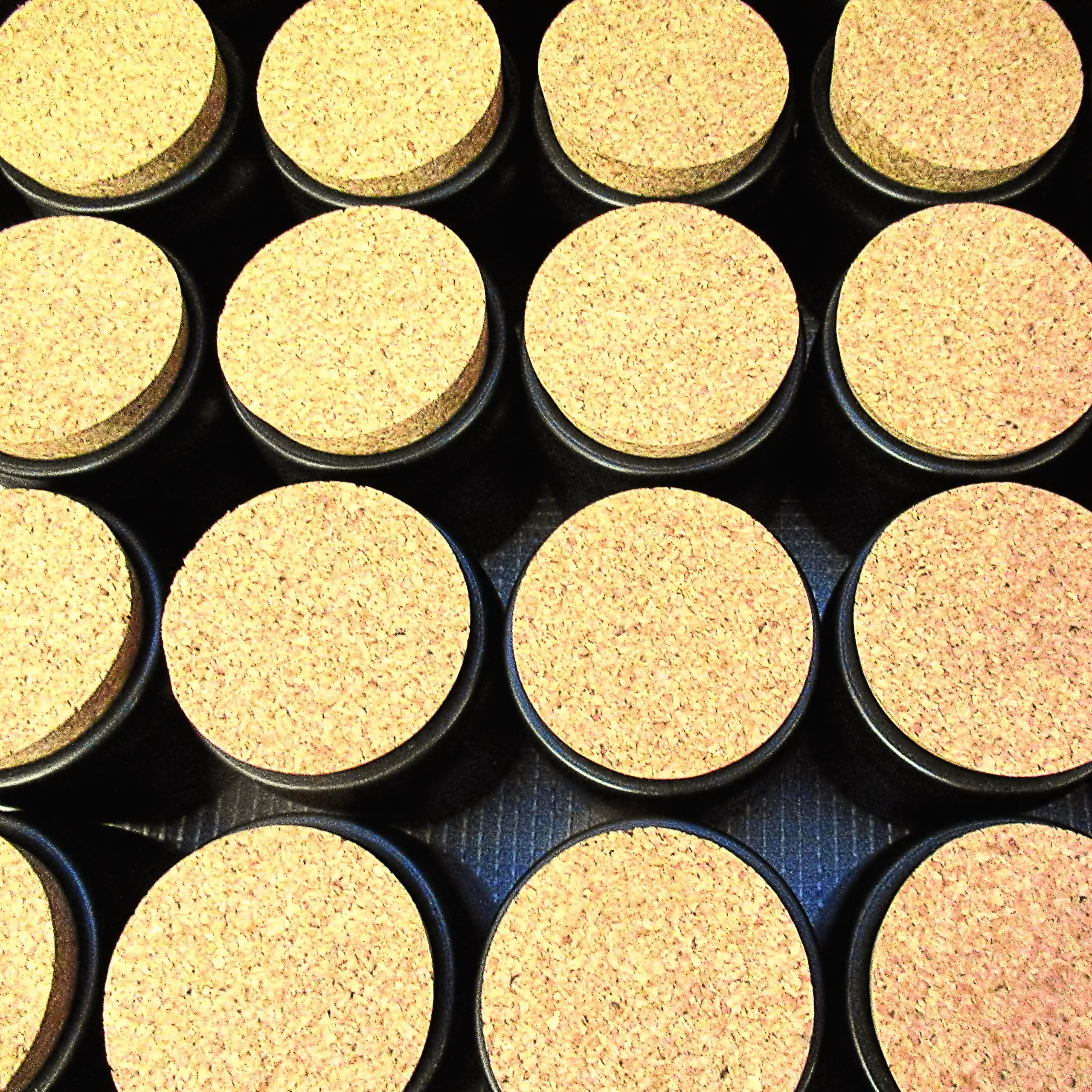 Detailaufnahme der Körrie-Keramik-Töpfchen (Körrie KKT): Eine Reihe von eleganten, mattschwarzen Keramikgefäßen mit natürlichen Korkverschlüssen, von oben präsentiert in ordentlichen Reihen auf einer dunklen Oberfläche für einen übersichtlichen, versandbe