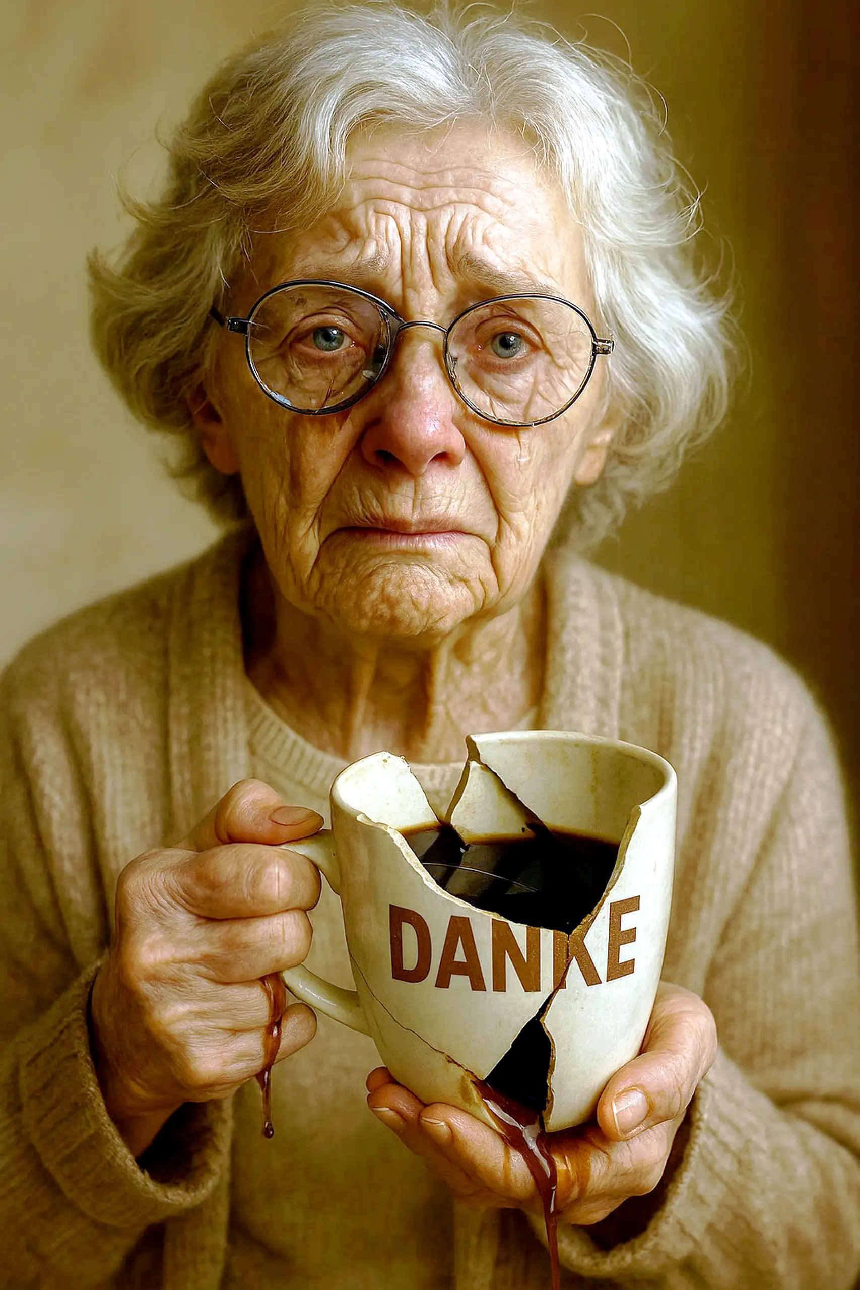 Eine ältere Dame mit silbergrauem Haar und großen Brillen hält eine beschädigte Tasse mit der Aufschrift "DANKE", aus der Kaffee tropft. Sie trägt einen warmen, beigen Pullover und blickt nachdenklich in die Kamera. Dieses Bild dient als Vorschau für die 