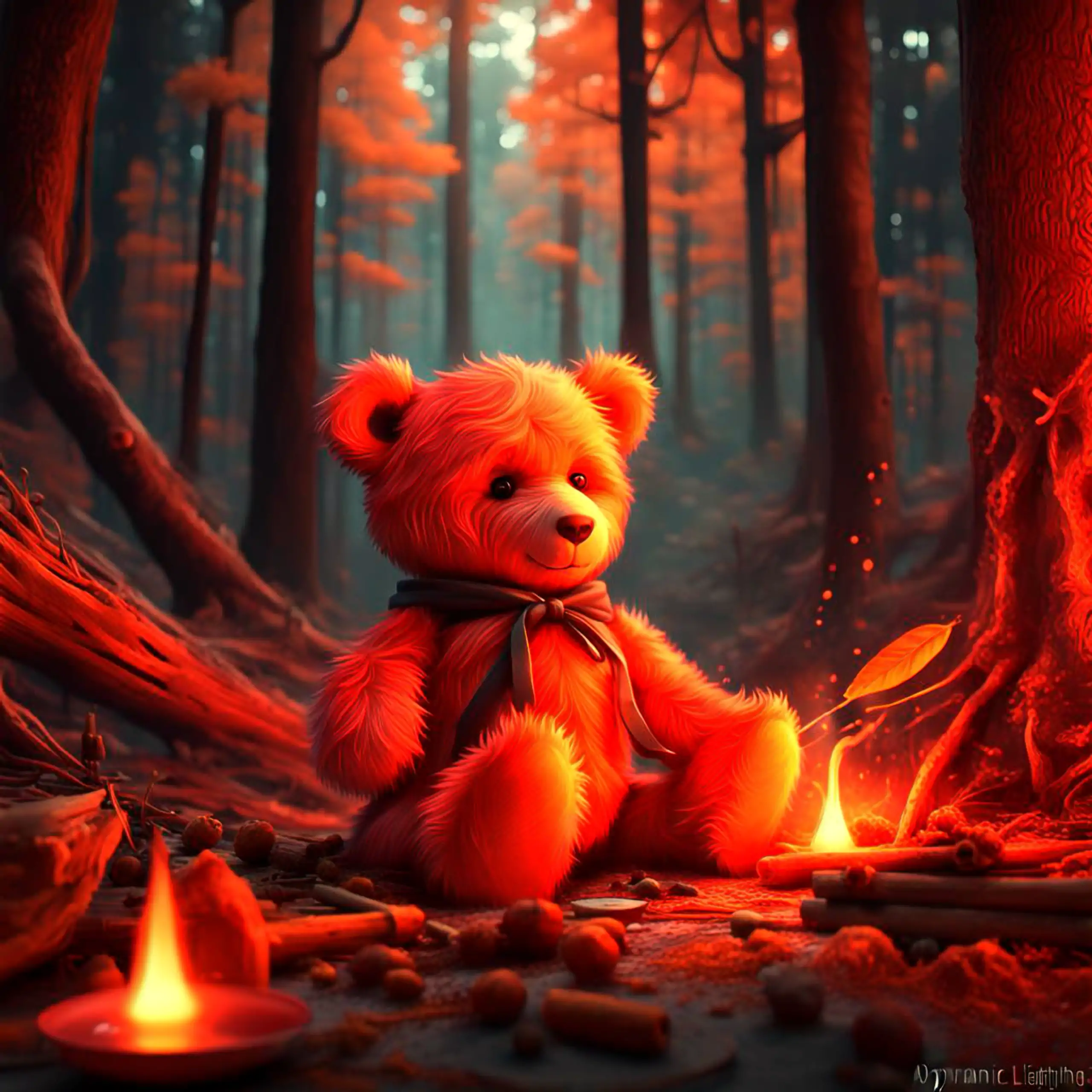 Ein verspielter, roter Teddybär – das Berliner Wappentier, das pure Geborgenheit, Vertrauen und herzerwärmendes Wohlgefühl vermittelt – sitzt, einen exklusiven Schal tragend in einem mystischen, feurig-roten Wald, umgeben von flackernden Flammen, verstreu