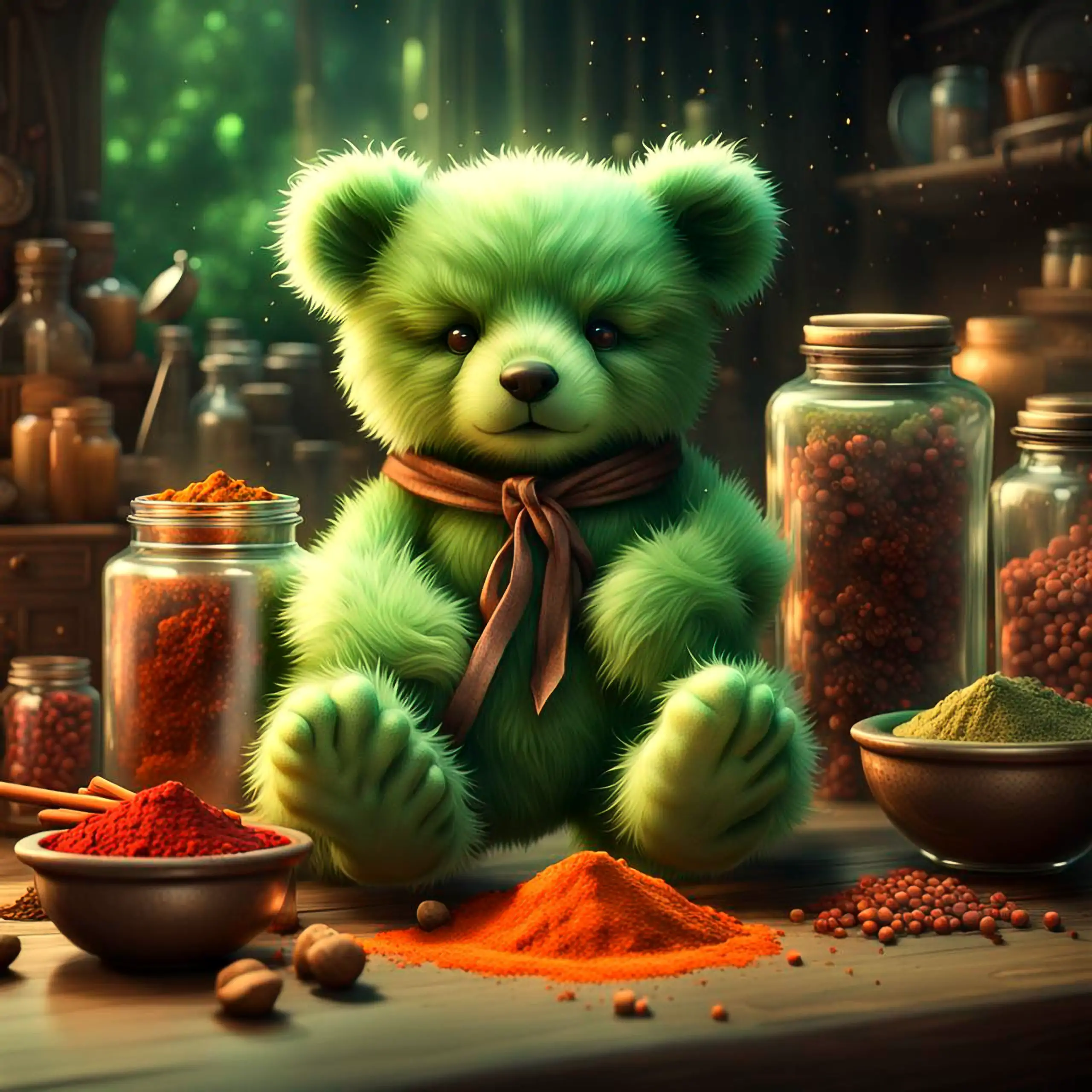Ein charmanter, grüner Teddybär – das Berliner Wappentier – sitzt in einer zauberhaften, grün beleuchteten Gewürzszene auf einem hölzernen Tisch, umgeben von Gläsern mit roten und orangen Körnern, Schalen mit rotem und grünem Pulver, Nüssen, Zimtstangen u