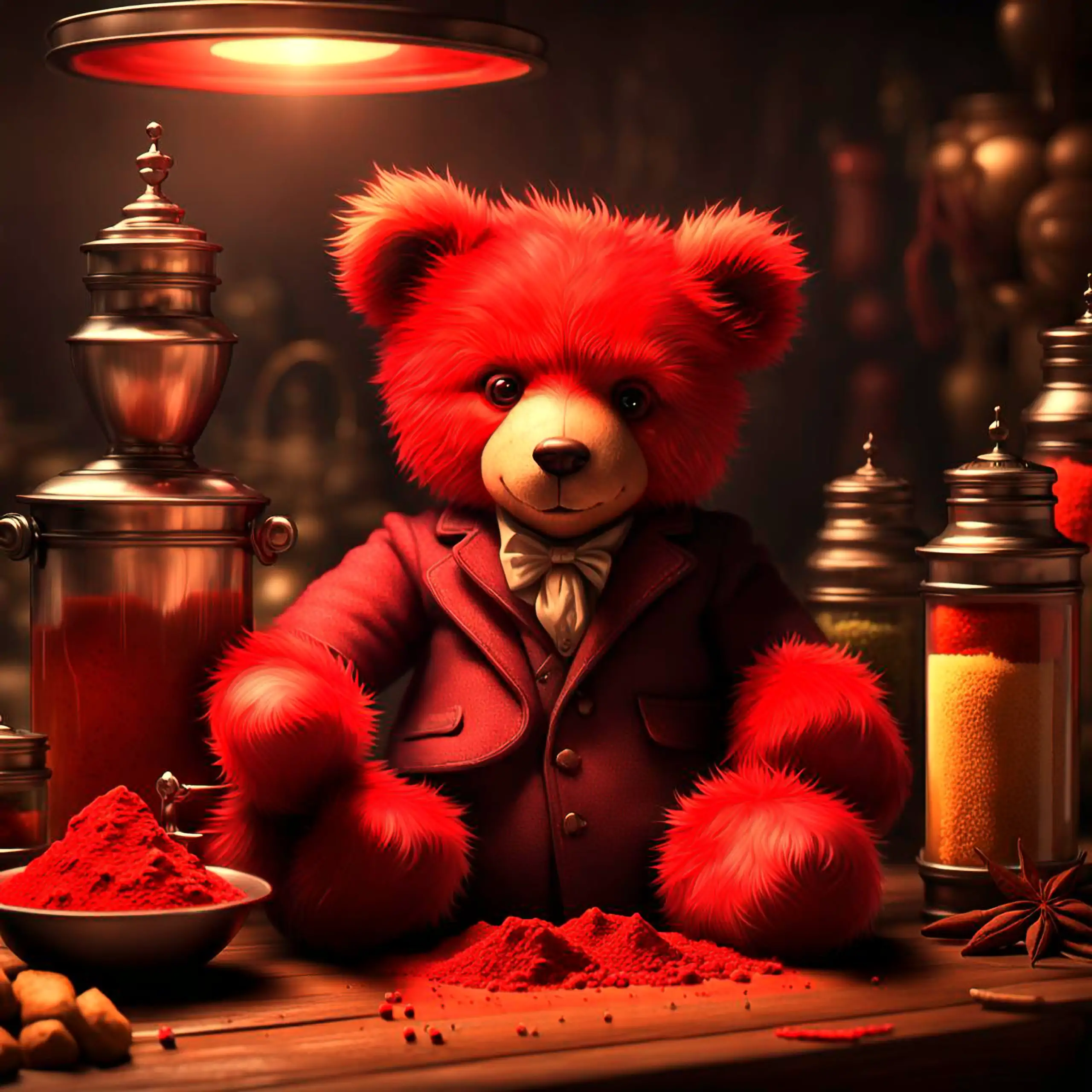 Ein eleganter, roter Teddybär – Berliner Wappentier als Plüschtier pure Geborgenheit, Vertrauen und Sicherheitsgefühl vermittelnd – sitzt in einem formellen Anzug mit Fliege in einer mystischen, rot beleuchteten Gewürzszene, umgeben von metallenen Gefäßen