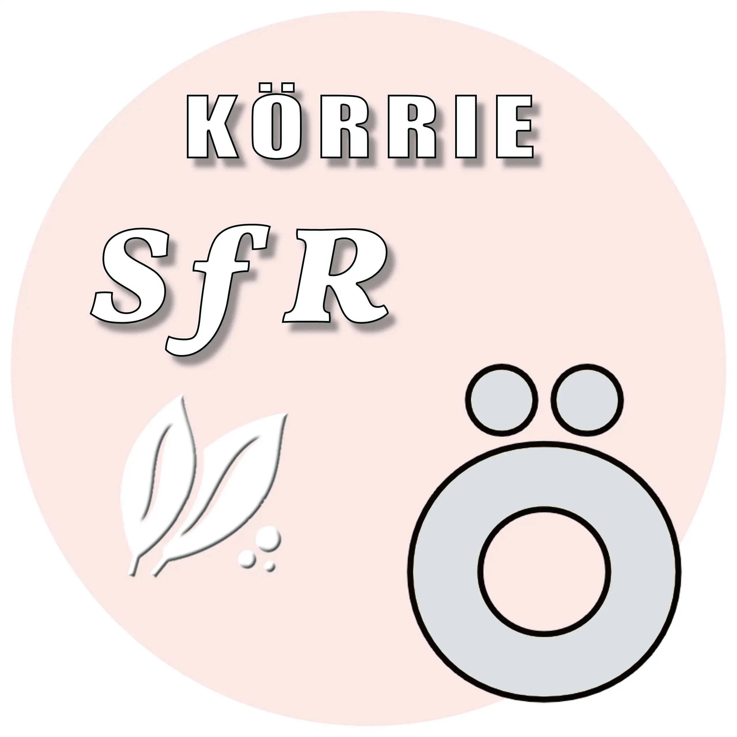 Produkt-Button für Salzflocken (rosa) / SfR: Ein rosafarbener, runder Button mit weißem Text "KÖRRIE SfR", stilisierten Blättern und einem prominenten "Ö"-Symbol (das "Ö" aus dem Logo von "Körrie - die ehrlichen Gewürzmischungen"), symbolisierend knackige