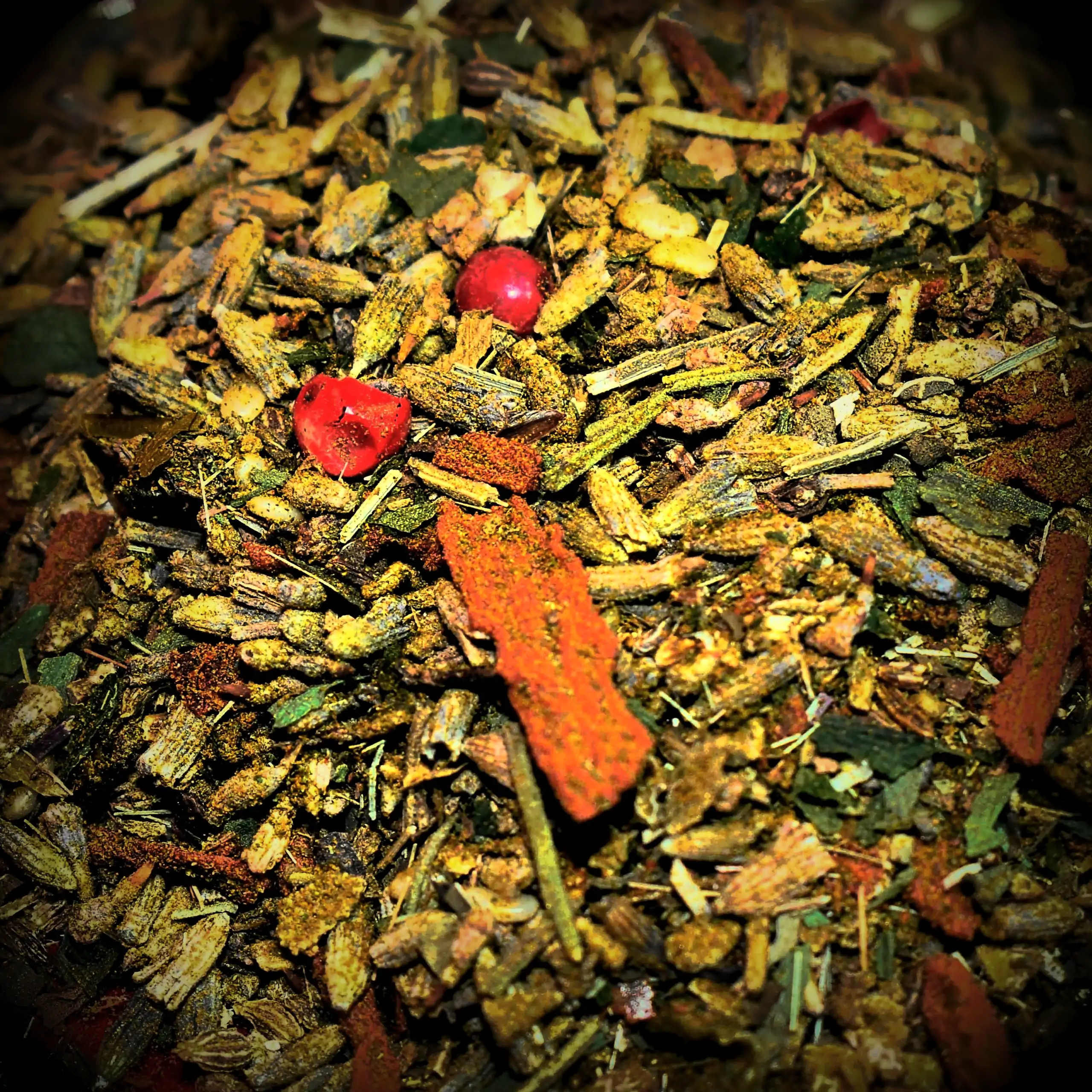 Detailaufnahme der Gewürzmischung Körrie FLX (Pure Gently Flakes): Eine farbenfrohe, grob flockige Kräuter- und Gewürzmischung mit roten Beeren, grünen Blättern, lavendelblauen Blüten und würzigen Flocken und Stückchen von Zimtrinde, in einer Nahaufnahme,