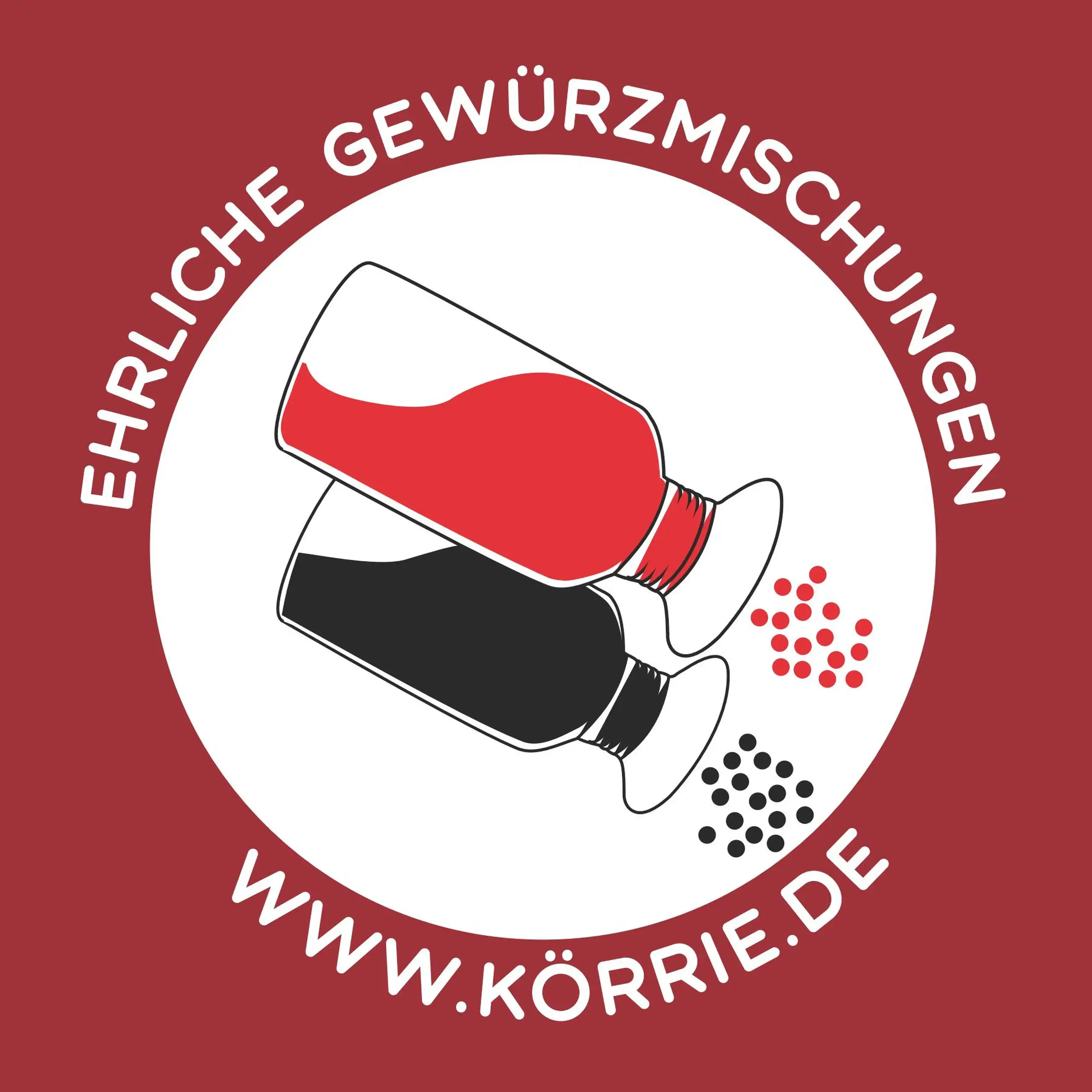 Originalaufkleber "www.körrie.de" in rot auf dem Trägermaterial: Eine vollflächige Abbildung des Support-Aufklebers mit dem prominenten Claim "EHRLICHE GEWÜRZMISCHUNGEN" in weißer Schrift auf dem warmroten, runden Rahmen, mit der stilisierten Illustration