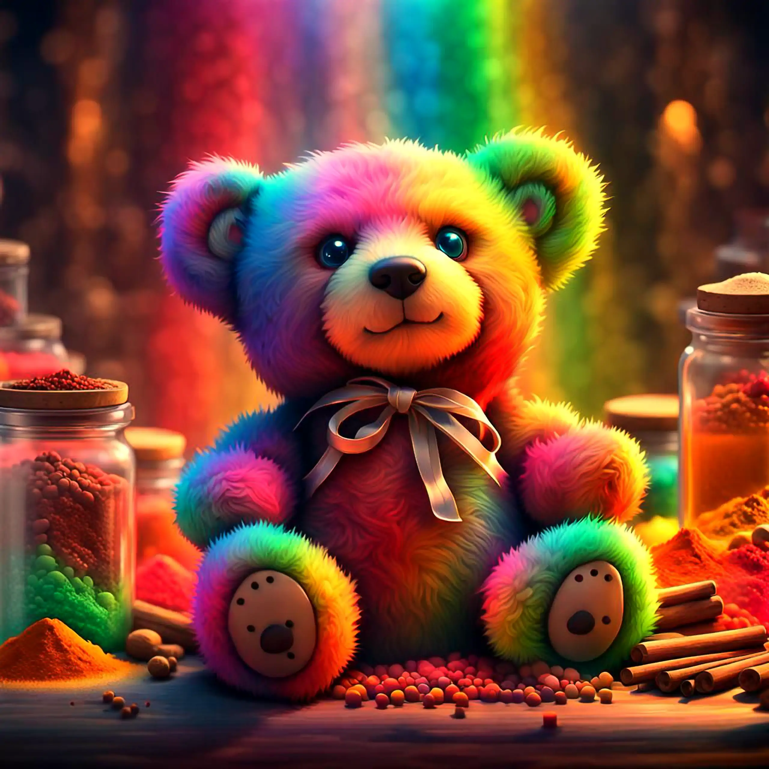 Ein freundlicher, knuffiger Teddybär – als Kuscheltier das Berliner Wappentier symbolisierend – sitzt in einer magischen Szene umgeben von farbenfrohen Gewürzpulvern, Gläsern und einem strahlenden Regenbogen, dessen Licht den Teddy von oben fließend wie e