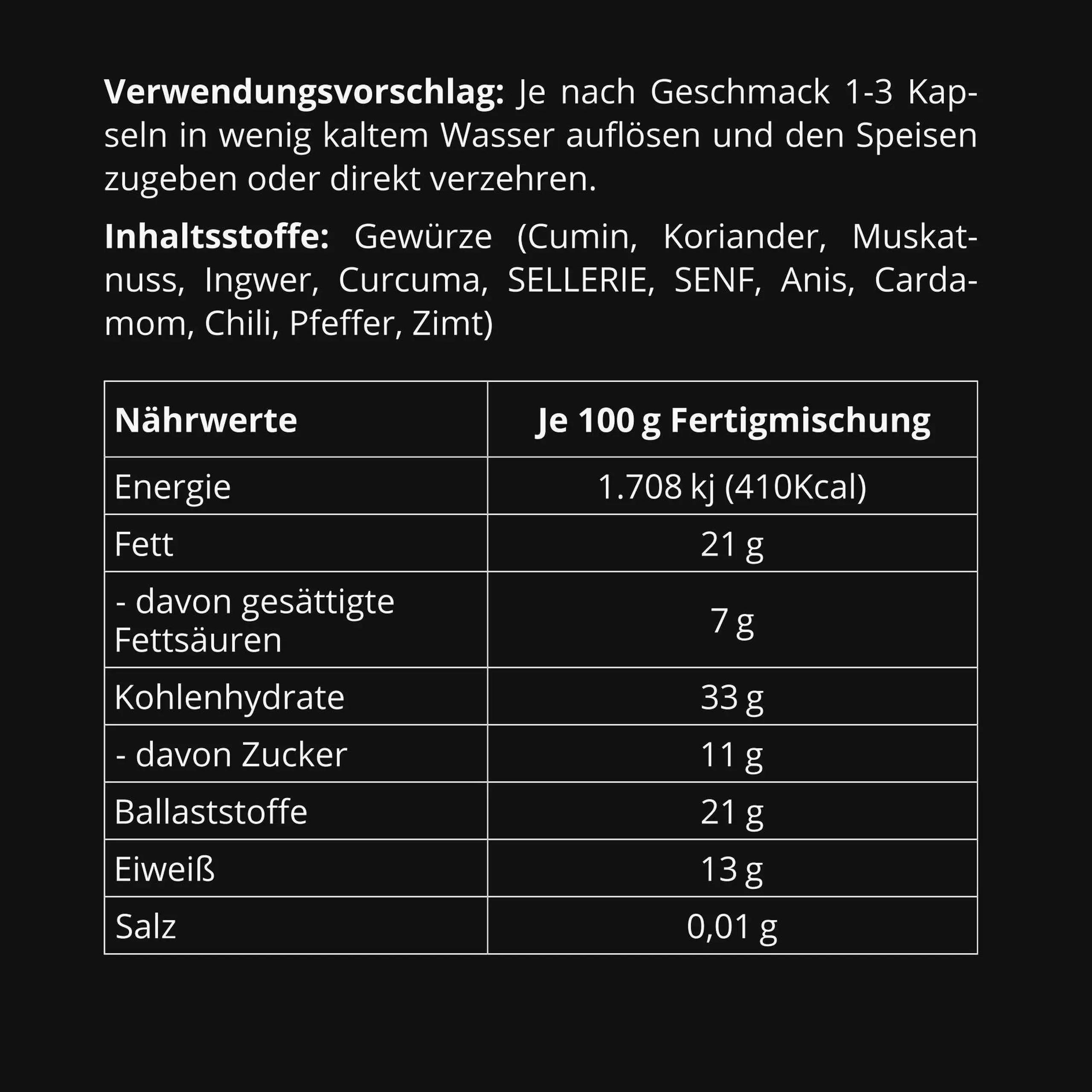 Ergänzende Ansicht Körrie 105 in Kapseln (Körrie 105K): Ein schwarzer Beutel mit transparentem Sichtfenster, gefüllt mit goldenen veganen Kapseln, aus dem einige Kapseln herausfallen und verstreut auf einer grauen, seidenglämzend polierten Marmoroberfläch