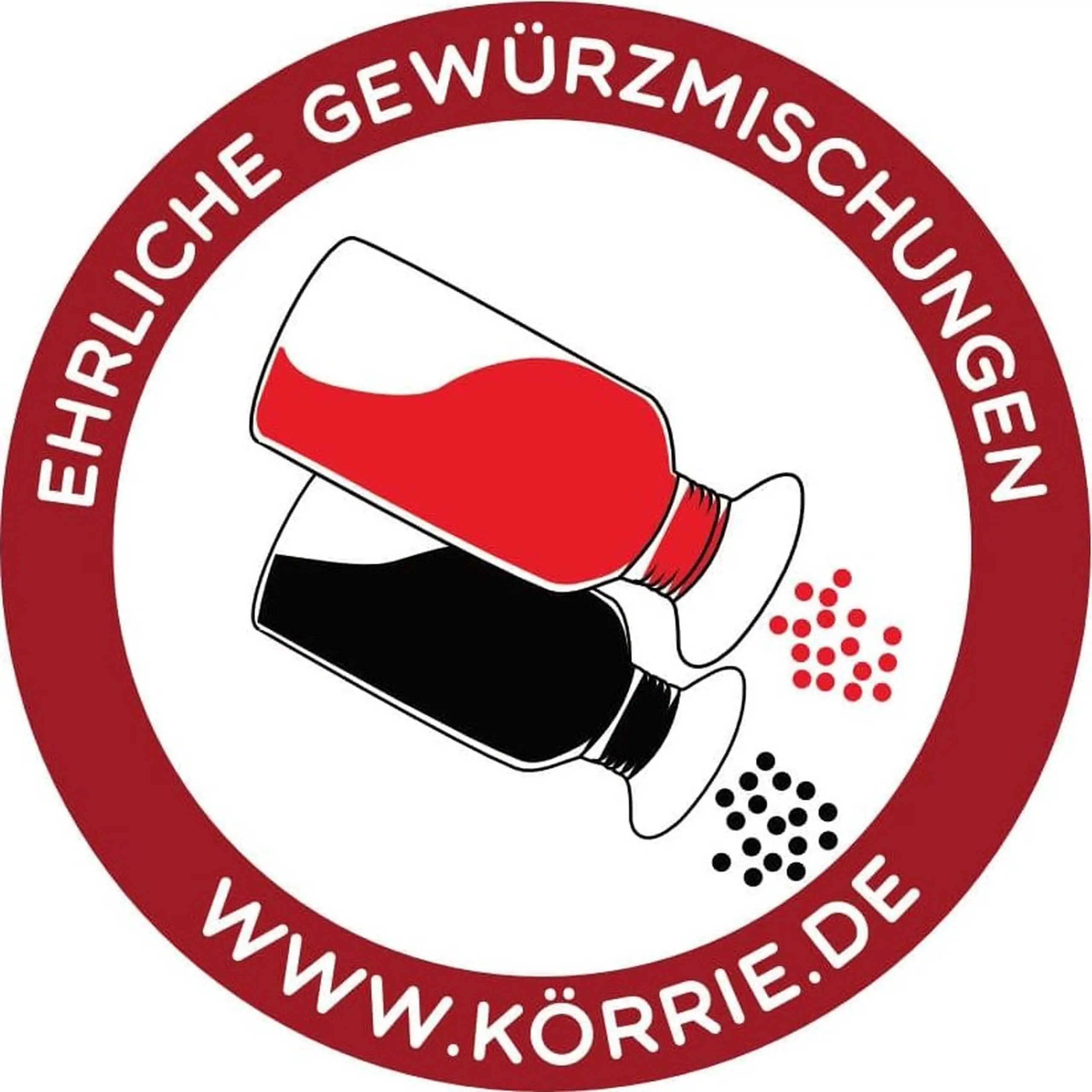 Vorlagegrafik des Körrie-Support-Aufklebers (Körrie KSA) "www.körrie.de" in rot: Eine weiße, runde Voransicht der Vorlagegrafik als Ansicht des Aufklebers, mit dem prominenten Claim "EHRLICHE GEWÜRZMISCHUNGEN" in weißer Schrift auf dem warmroten, runden R