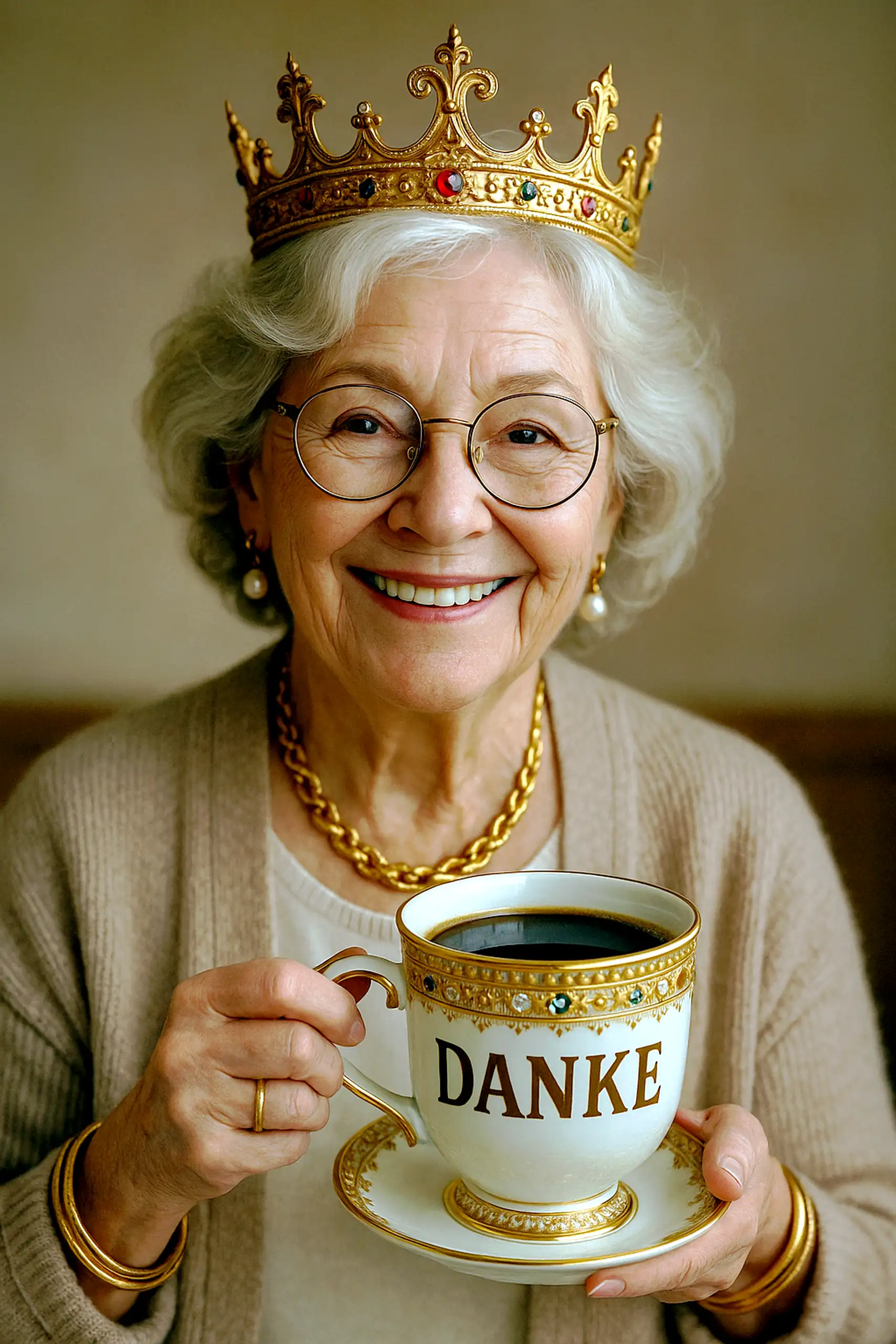 Eine ältere Dame mit silbergrauem Haar und runder Brille strahlt mit einem herzlichen Lächeln, während sie eine prächtige Tasse mit goldener Verzierung und der Aufschrift "DANKE", gefüllt mit Kaffee, auf einer passenden Untertasse hält. Sie trägt eine gol