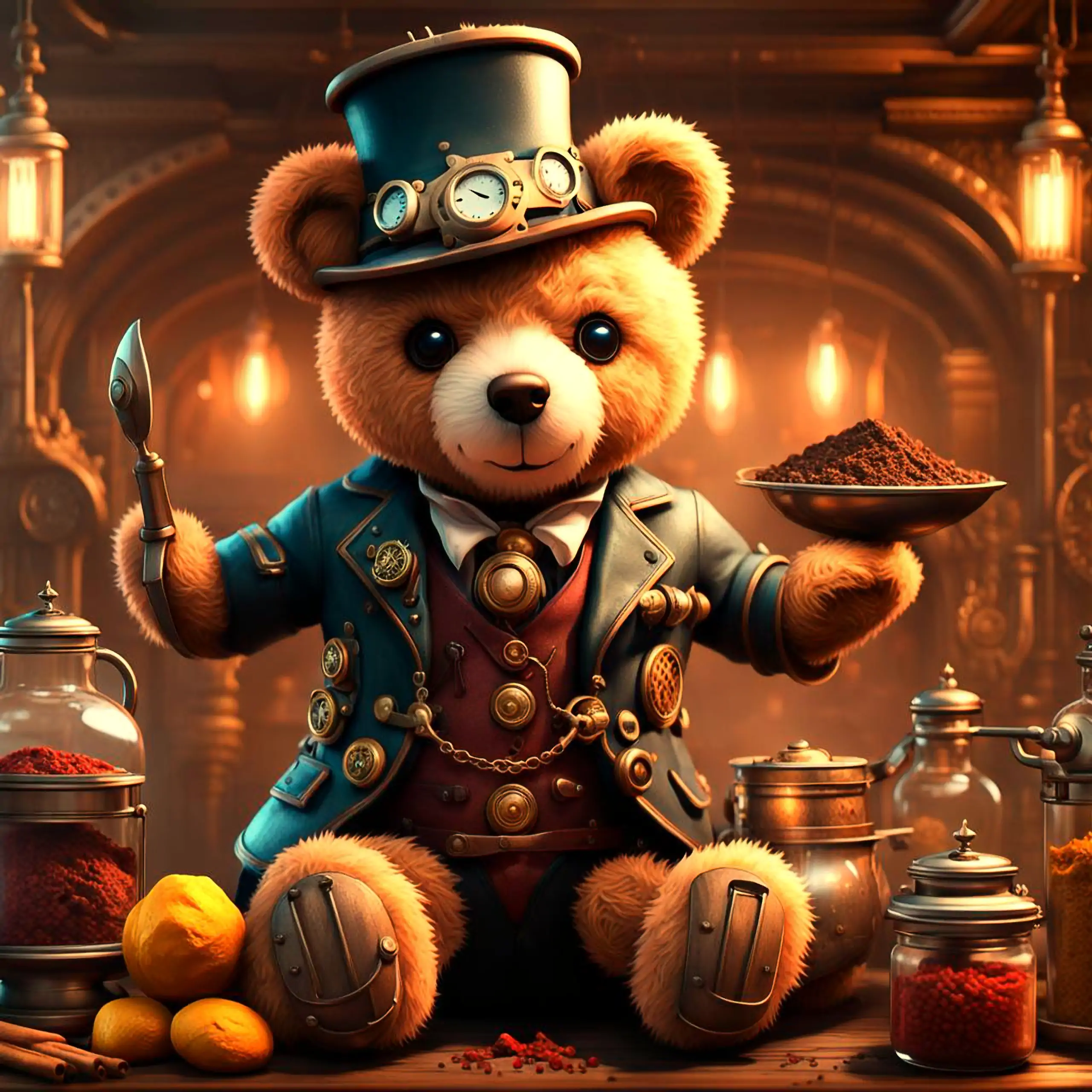 Ein eleganter, goldgelber Teddybär – das Wappentier Berlins als ikonisch gestaltetes Plüschtier – posiert in einem fantasievollen Steampunk-Cosplay-Stil mit Zahnrad-Hut, Lederjacke und Kette, hält einen Löffel und eine Schale mit braunem Gewürzpulver in e