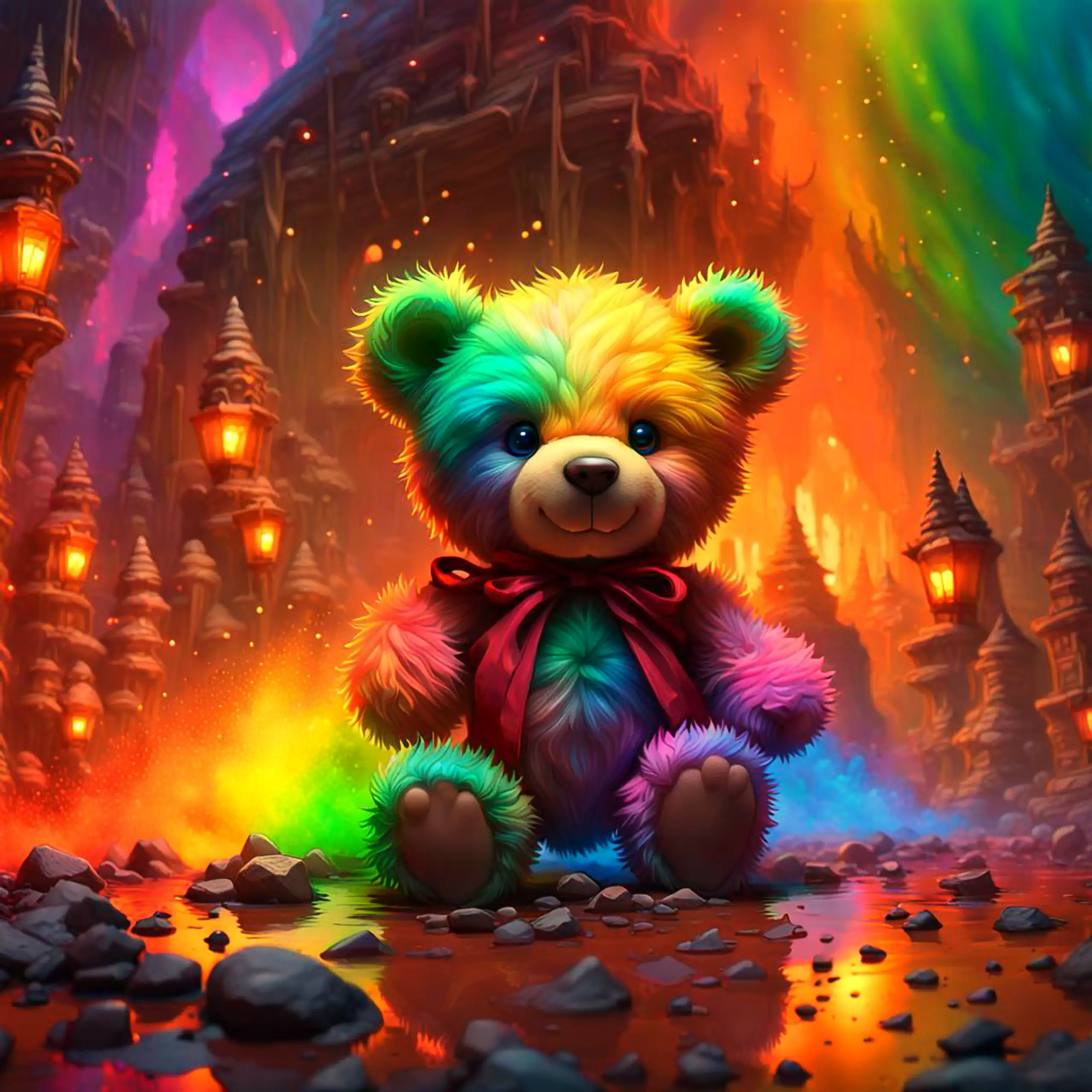 Ein Teddybär, von buntem Licht umspielt – Berliner Wappentier als Plüschtier, Herzlichkeit und Sinnlichkeit vermittelnd – sitzt in einer dramatischen, feurigen Landschaft mit schwebenden Partikeln und einem strahlenden Regenbogen, umgeben von farbigen Neb