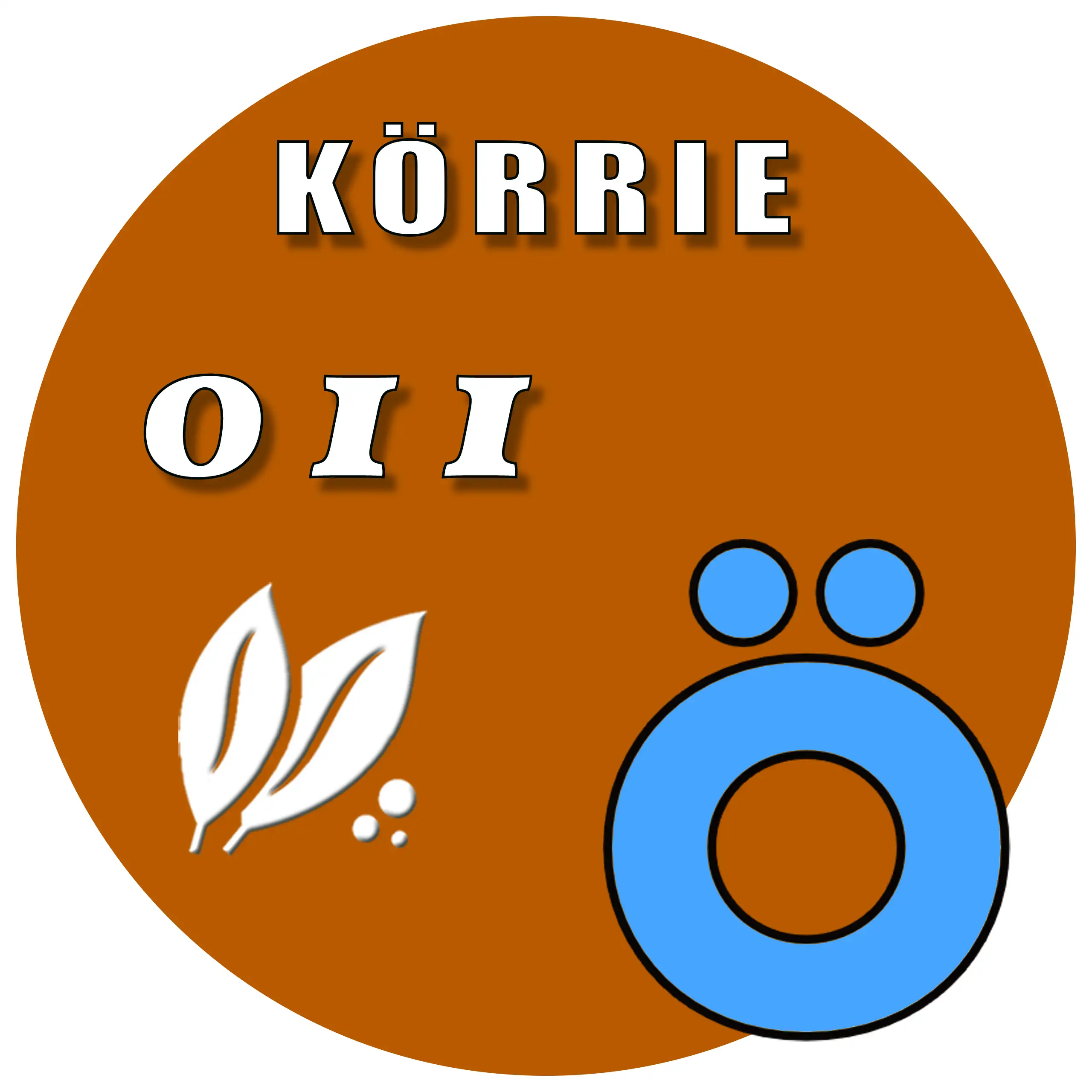 Produkt-Button für Körrie 011 | Das Rauchig-Scharfe: Ein kupferroter, runder Button mit weißem Text "KÖRRIE 011", stilisierten Blättern und einem prominenten "Ö"-Symbol (das "Ö" aus dem Logo von "Körrie - die ehrlichen Gewürzmischungen"), symbolisierend n