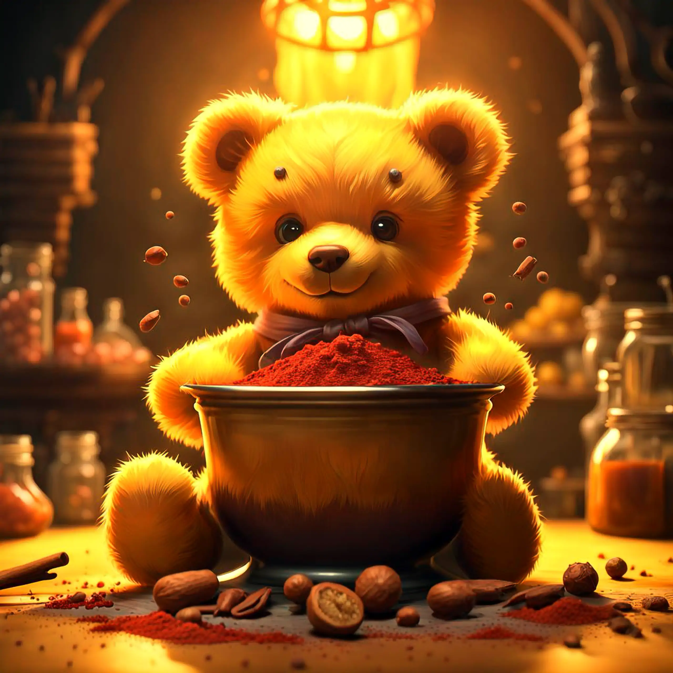 Ein niedlicher, goldgelber Teddybär – das ikonische Berliner Wappentier – sitzt in einer magischen, laternenbeleuchteten Szene und hält eine große Schüssel voller intensiv roter Gewürzmischung, umgeben von schwebenden Nüssen, Zimtstangen, verstreuten Gewü