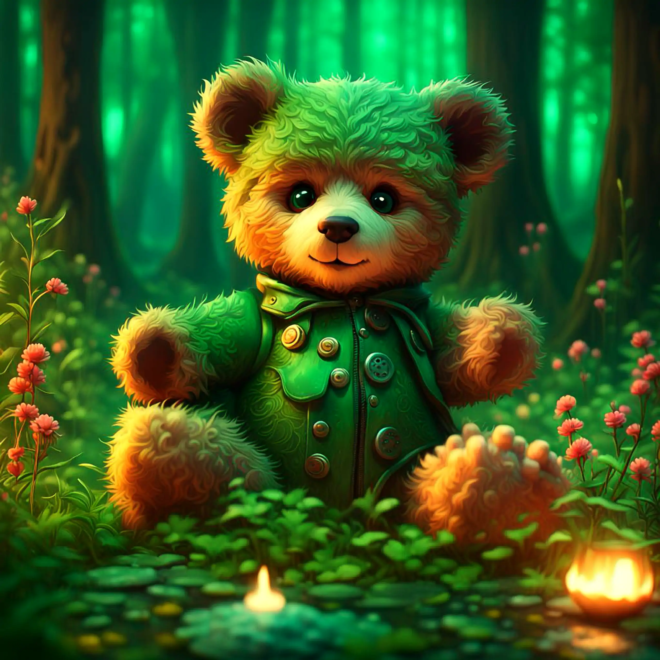 Ein zauberhafter, grüner Teddybär – ikonisches Berliner Wappentier als Plüschtier, Geborgenheit, Vertrauen und Herzenswärme vermittelnd – sitzt in einem fantasievollen Steampunk-Cosplay-Stil mit grüner Jacke und Knöpfen in einer magischen Waldszene, beleu
