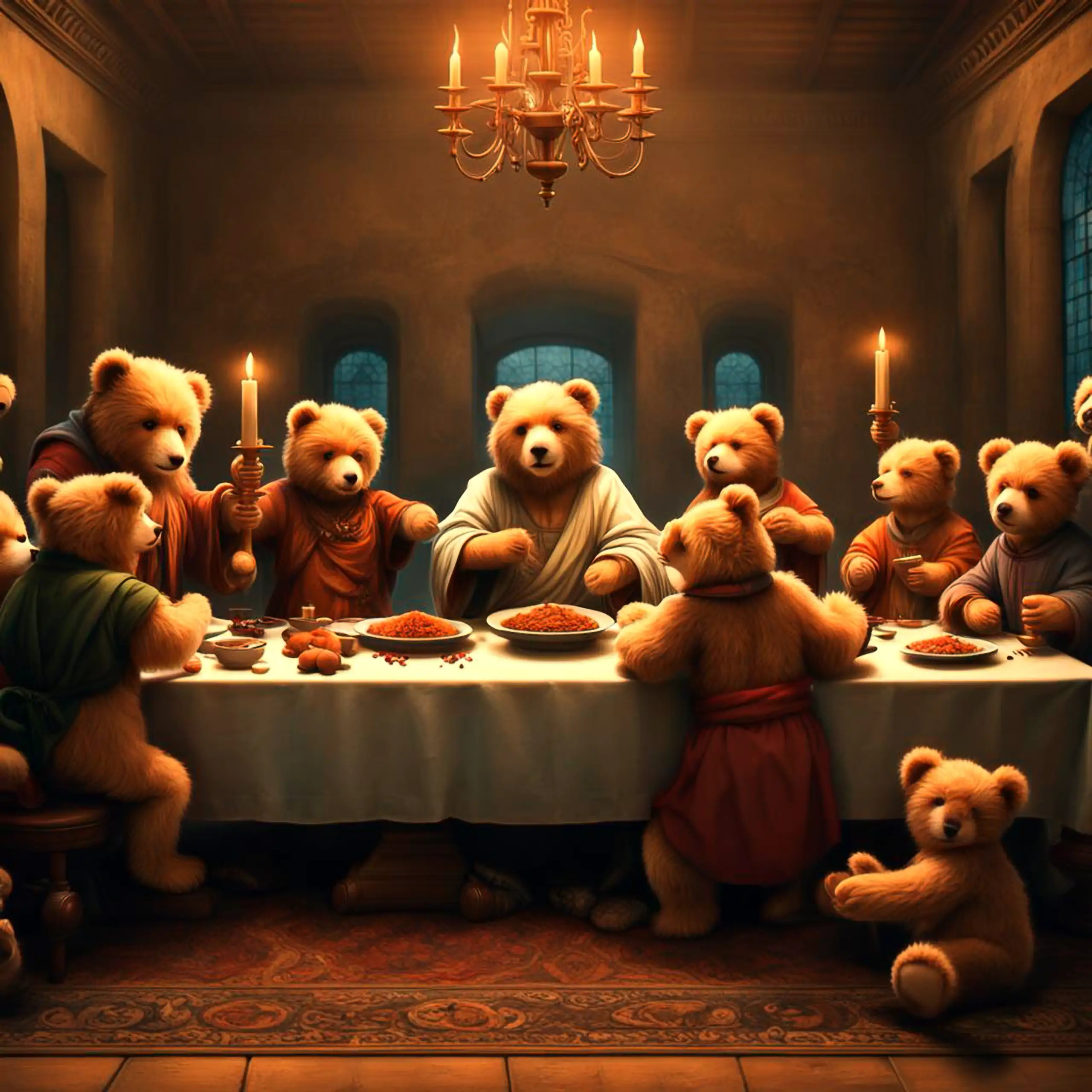 Eine Gruppe niedlicher, brauner Teddybären – der Bär als Wappentier Berlins, der Stadt, in der die ehrlichen Gewürzmischungen hergestellt werden – steht, inspiriert von Leonardo da Vincis Meisterwerk "Das Letzte Abendmahl", in einer majestätischen, kerzen