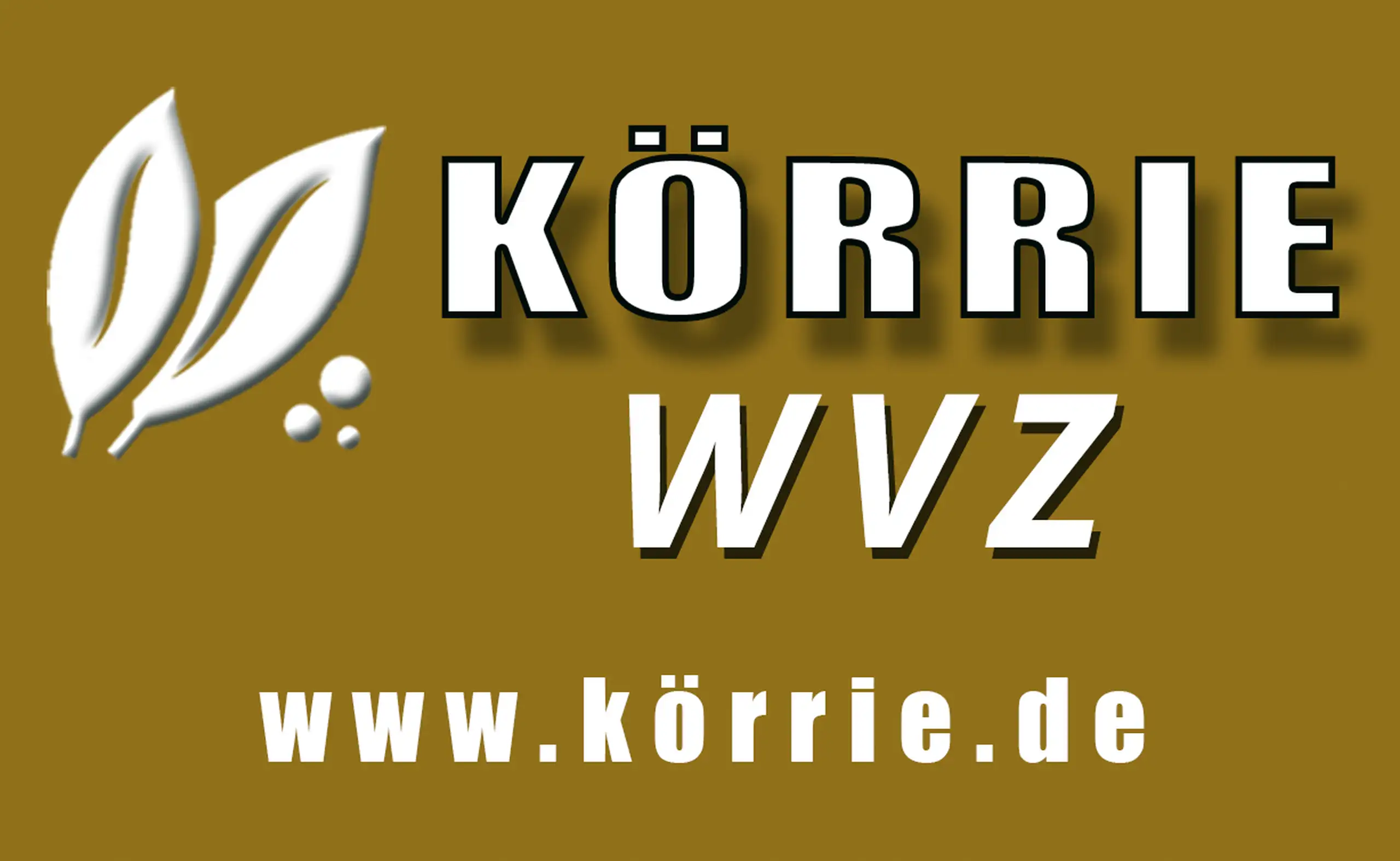 Vorlagegrafik des Etiketts für Körrie WVZ: Eine goldbraune Vorlagegrafik als Ansicht des Etiketts, mit weißem Blatt-Logo, dem prominenten Produktnamen "KÖRRIE WVZ" in fetter Typografie und der Website www.körrie.de, die den Markenclaim für ehrliche Gewürz