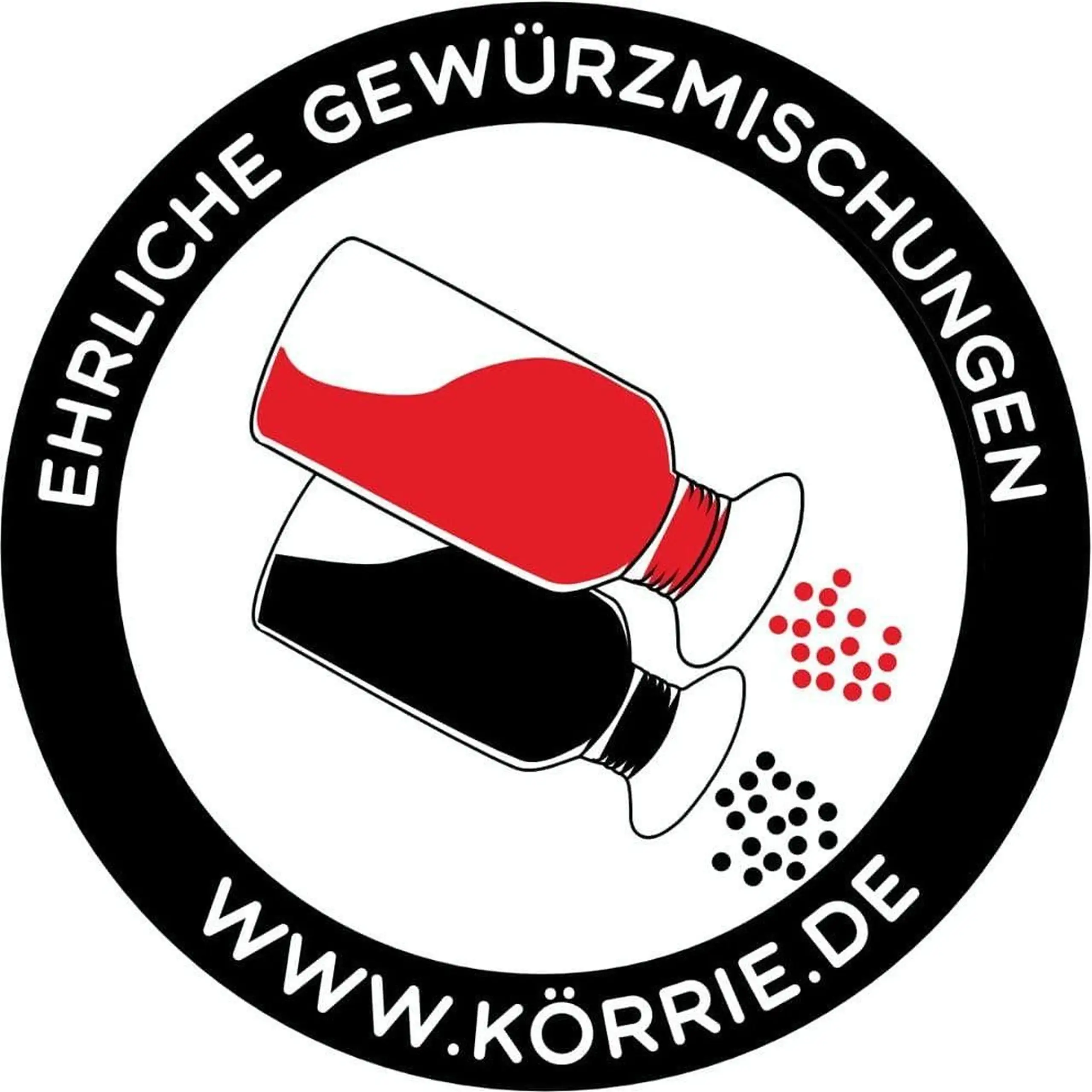 Vorlagegrafik des Körrie-Support-Aufklebers (Körrie KSA) "www.körrie.de" in schwarz: Eine weiße, runde Voransicht der Vorlagegrafik als Ansicht des Aufklebers, mit dem prominenten Claim "EHRLICHE GEWÜRZMISCHUNGEN" in weißer Schrift auf dem schwarzen, rund