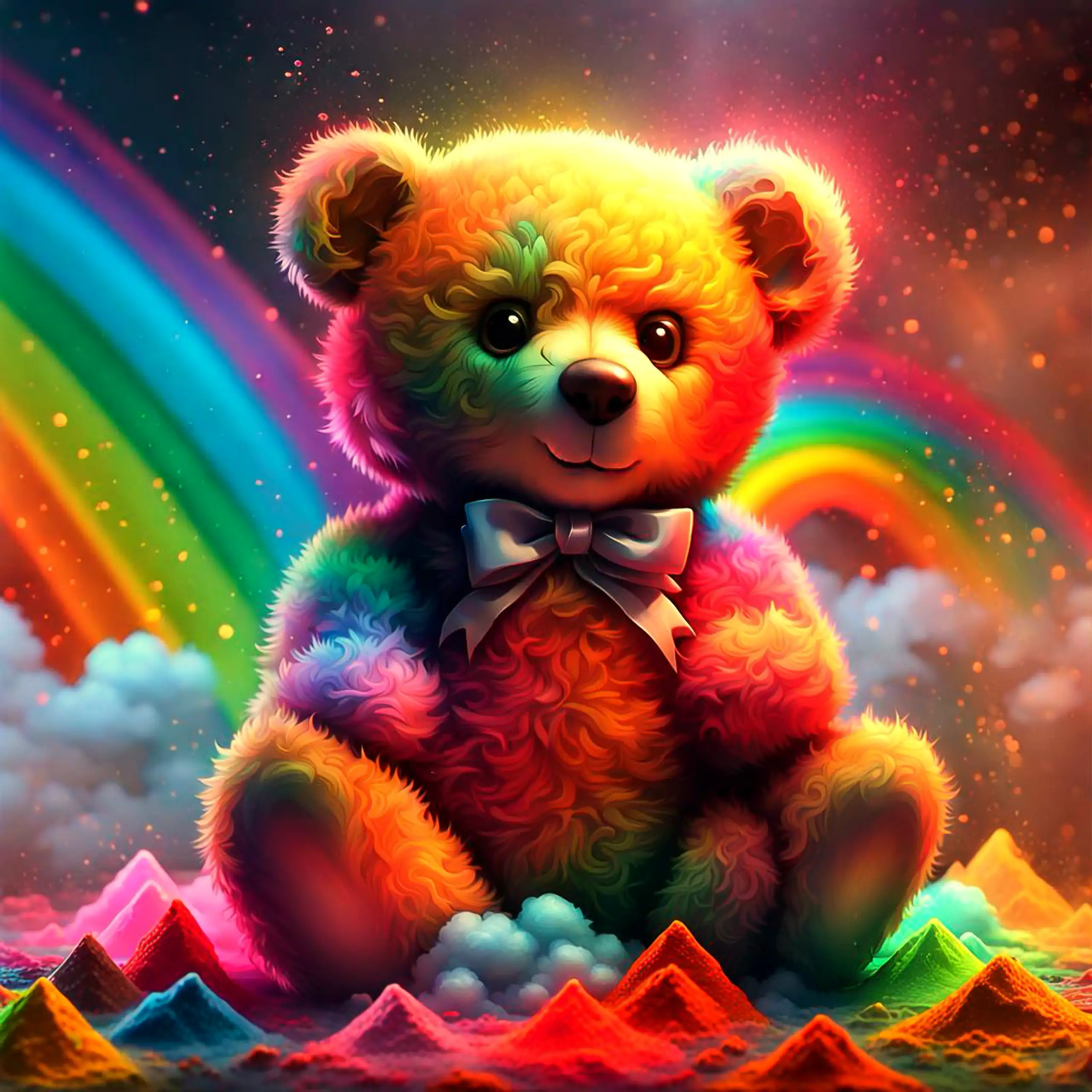 Ein niedlicher, verspielter Teddybär – das ikonische Berliner Wappentier, als Plüschtier Geborgenheit, Herzlichkeit und Wärme vermittelnd – sitzt von strahlenden Regenbögen beleuchtet in einer zauberhaften, kosmischen Szene mit schwebenden Sternen, umgebe
