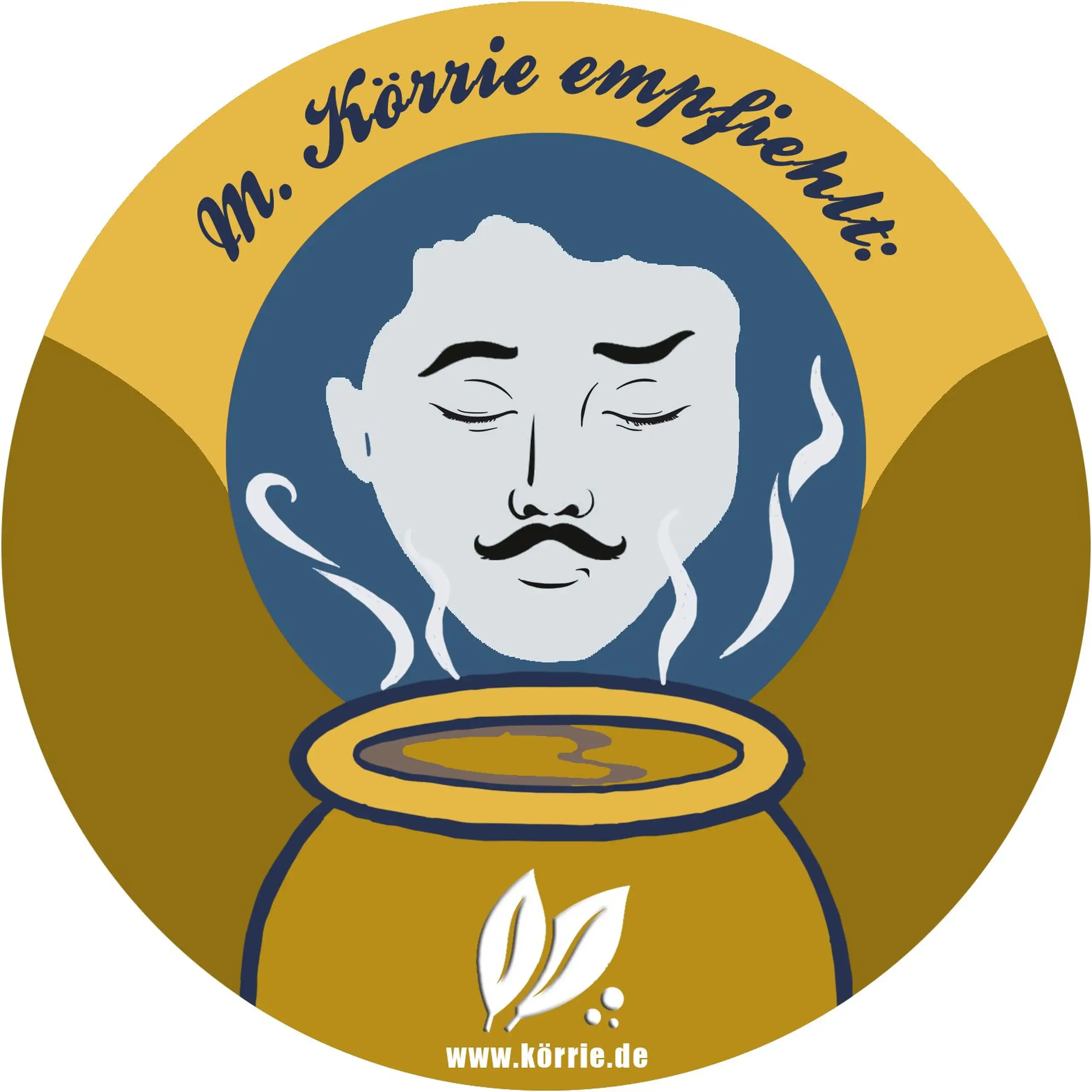 Vorlagegrafik des Körrie-Support-Aufklebers (Körrie KSA) "Monsieur Körrie": Eine goldene, runde Voransicht der Vorlagegrafik als Ansicht des Aufklebers, mit dem prominenten Claim "Monsieur Körrie empfiehlt:" in blauer Schrift, einer stilisierten Illustrat