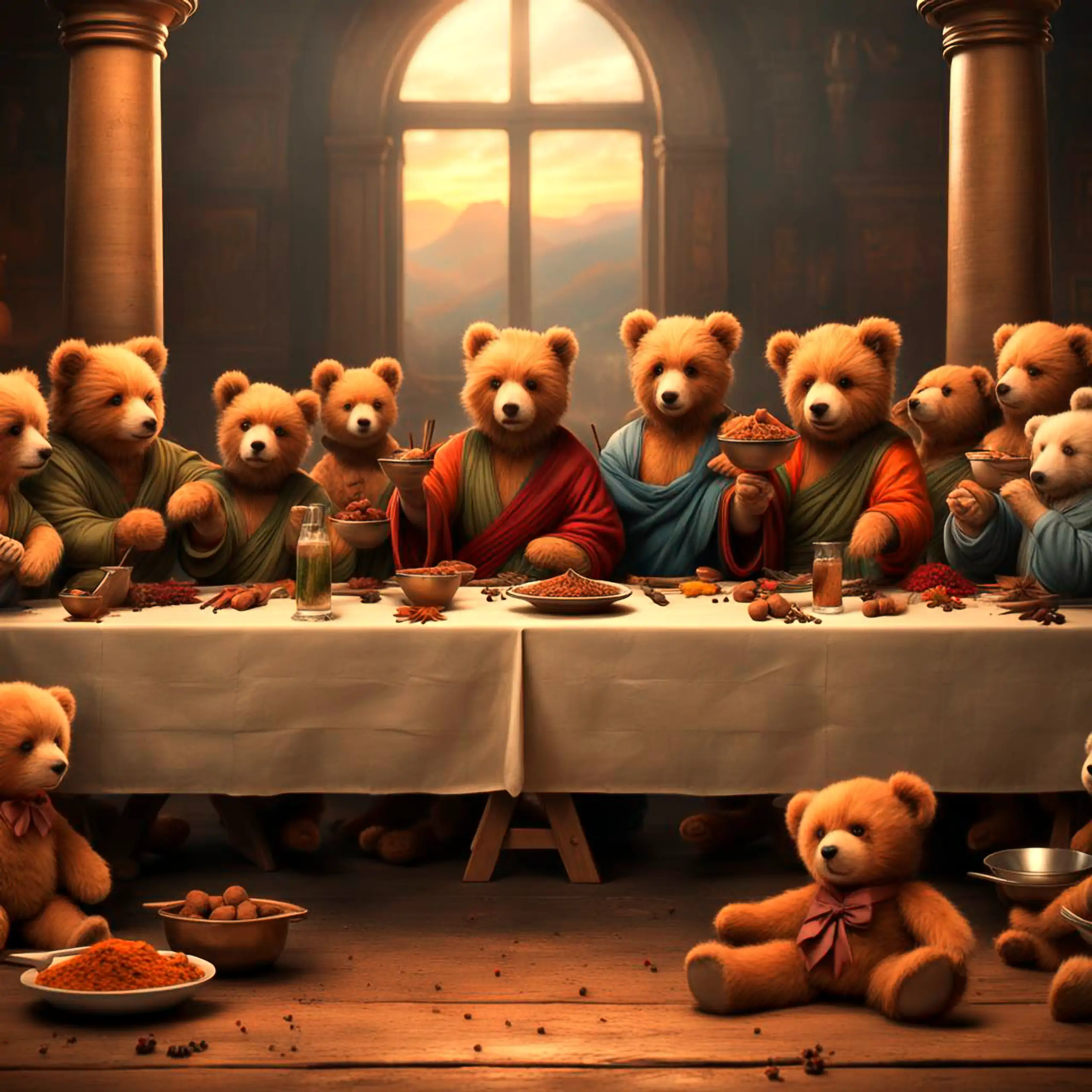 Eine Gruppe entzückender Teddybären – die Wappentiere Berlins, der Stadt, in der die ehrlichen Gewürzmischungen produziert werden – steht in einer majestätischen, warm beleuchteten Halle um einen langen Tisch, wo sie gemeinsam Gewürze, Kräuter und Mischun