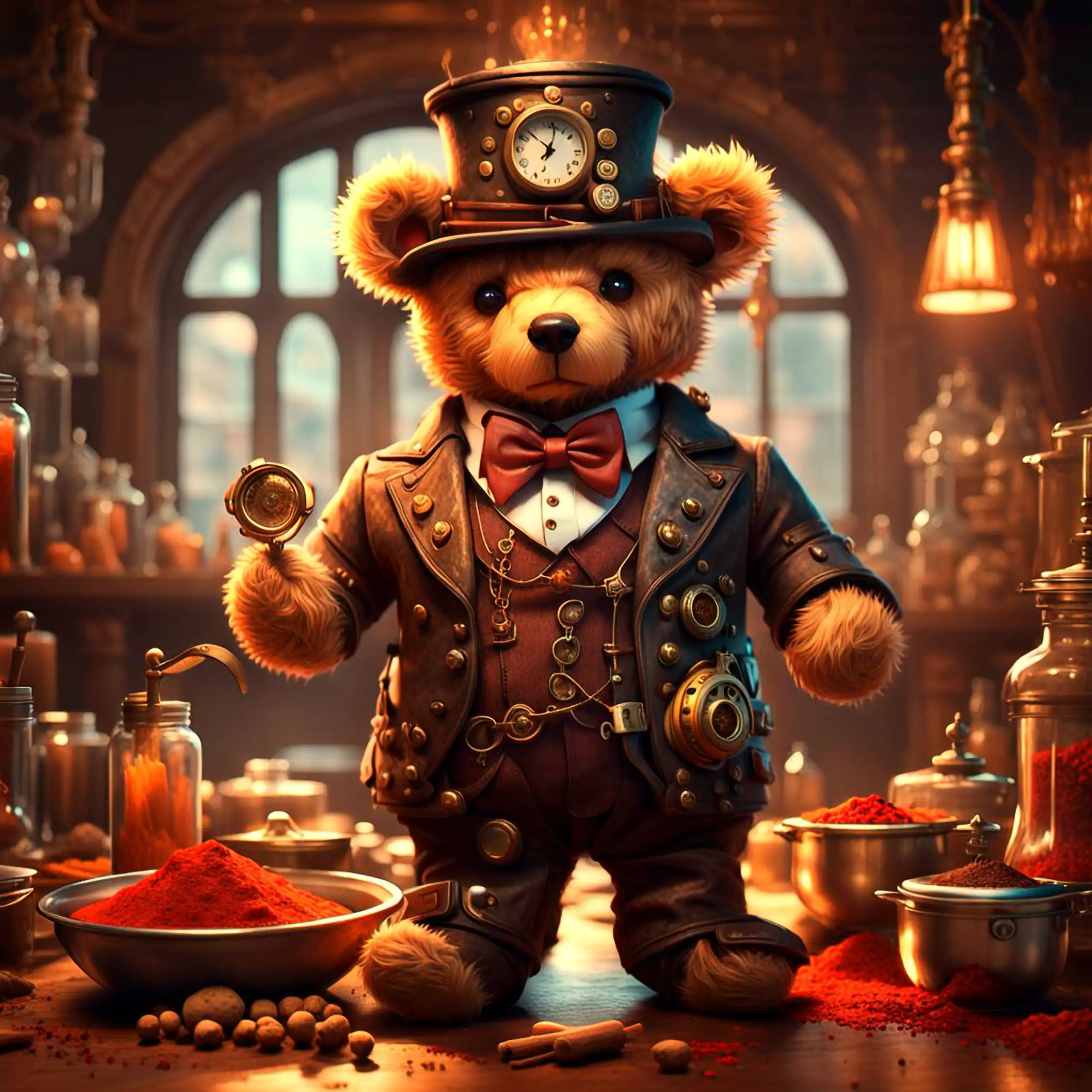 Ein charmanter, goldgelber Teddybär – das Berliner Wappentier als ikonisch kostümiertes Plüschtier – steht in einem fantasievollen Steampunk-Cosplay-Stil mit Zahnrad-Hut, Lederjacke, Krawatte und Lupe in einer mystischen Alchemistenwerkstatt, präsentiert 