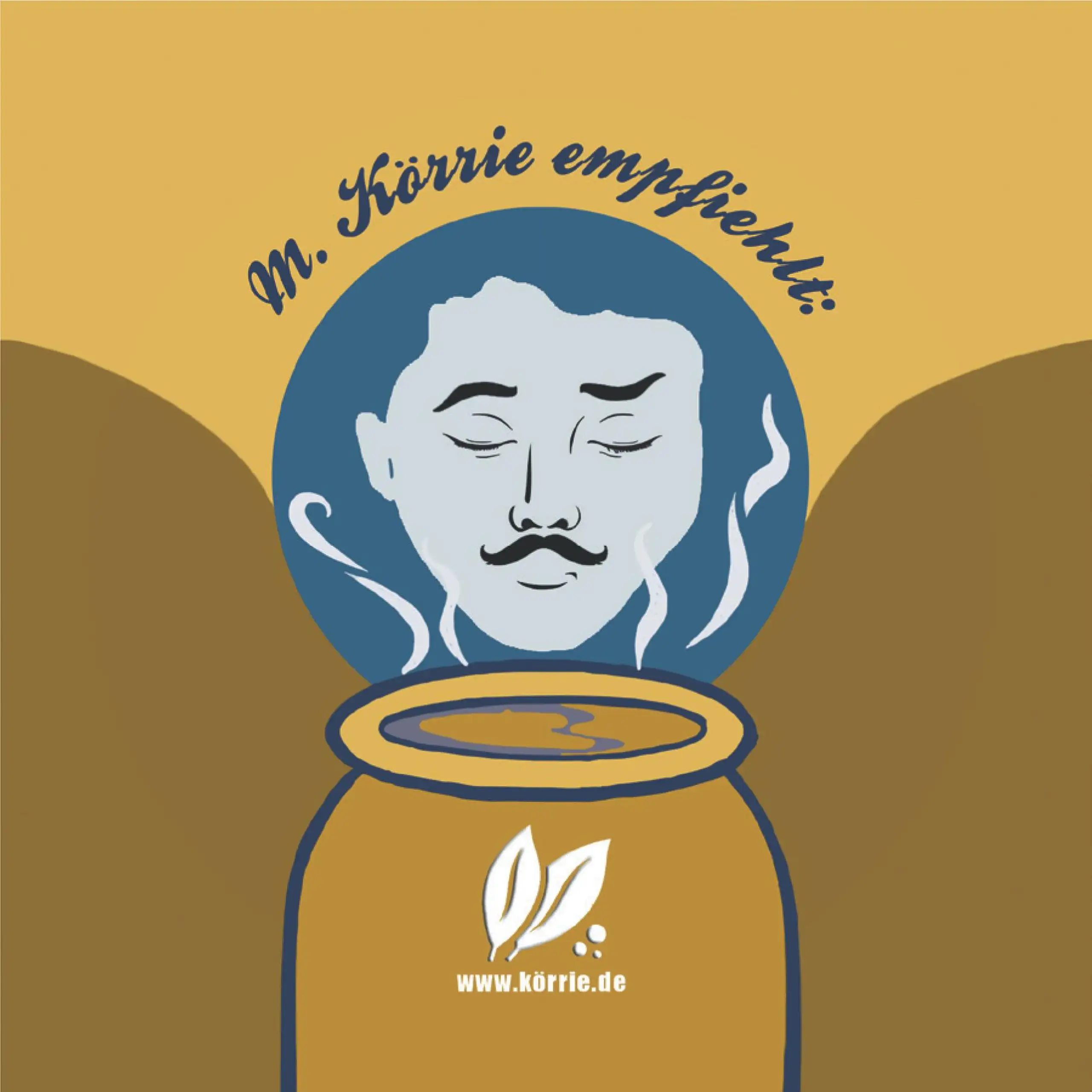 Originalaufkleber "Monsieur Körrie" auf dem Trägermaterial: Eine goldene Abbildung des Support-Aufklebers mit dem prominenten Claim "Monsieur Körrie empfiehlt:" in blauer Schrift, einer stilisierten Illustration eines Mannes mit blauem Haar, Schnurrbart u