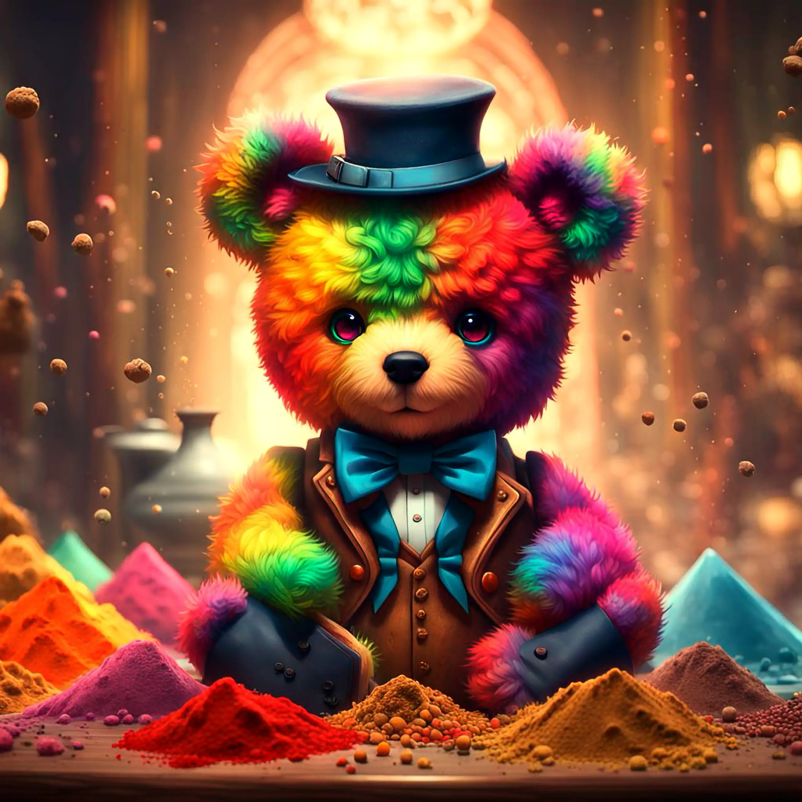 Ein verspielter, regenbogenfarbener Teddybär – das Berliner Wappentier symbolisierend – sitzt in einem fantasievollen und exquisit wirkendem Cosplay-Kostüm mit Hut, Fliege und Weste in einer mystischen Werkstatt, umgeben von bunten Gewürzpulvern und schwe