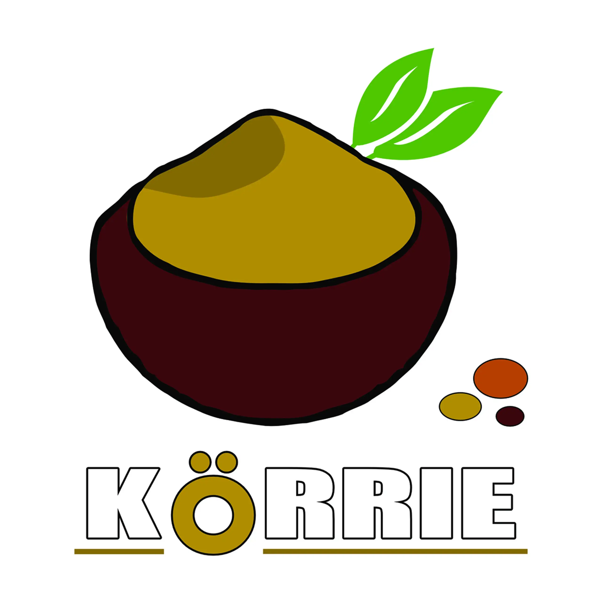 Vorlagegrafik für den Fan-Aufkleber mit dem Logo von Körrie (ehrliche Gewürzmischungen aus Berlin): Eine dunkelbraune Schale mit ockerfarbenem Gericht, aus dem zwei grüne Lorbeerblätter mit feinen Konturlinien ragen, symbolisierend Frische und natürliche 
