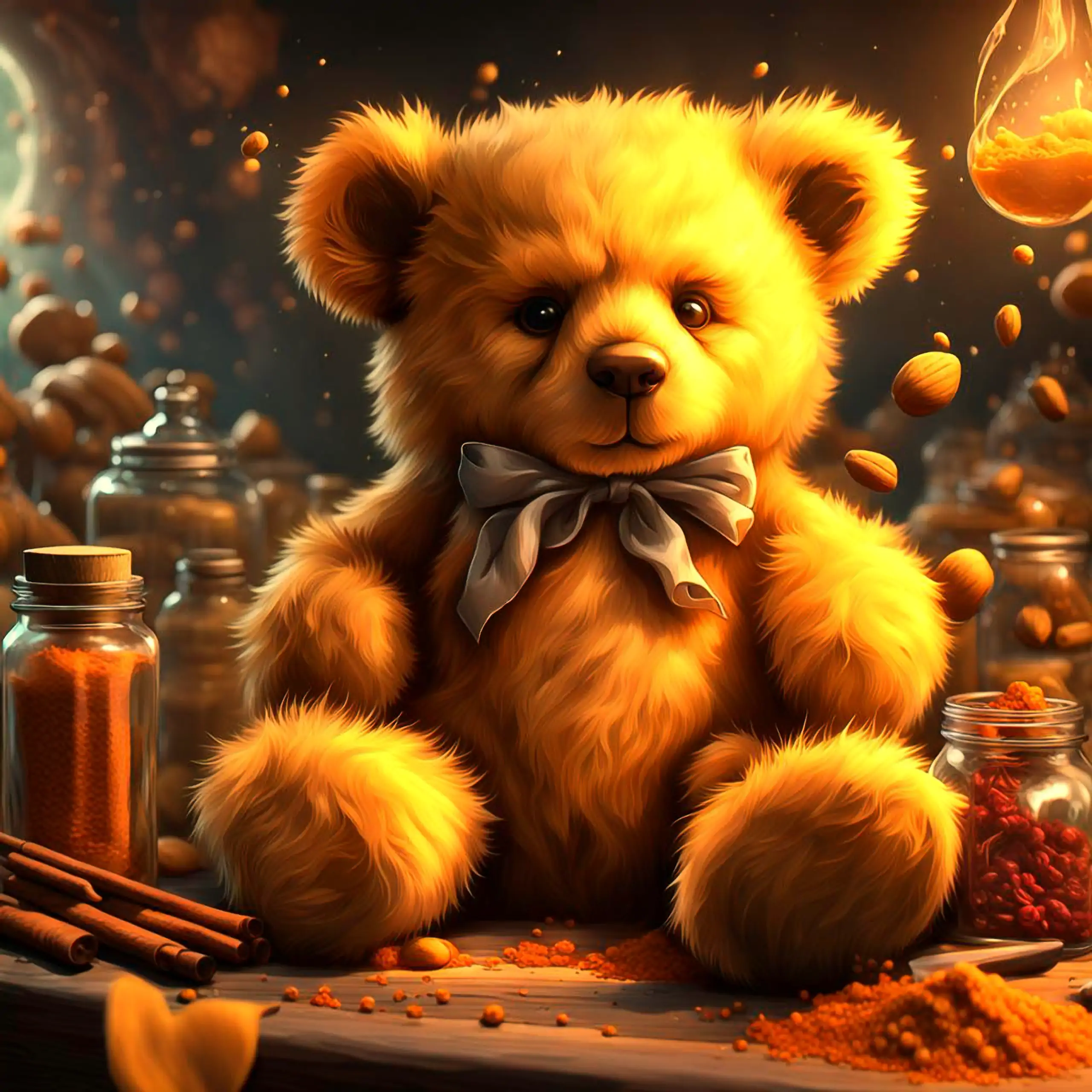 Ein süßer, goldgelber Teddybär – das Berliner Wappentier, das Geborgenheit, Vertrautheit und Sicherheit vermittelt – sitzt in einer magischen, von oben mit tropfend-goldenem Licht beleuchteten Szene, umgeben von schwebenden Nüssen, Gewürzgläsern mit orang