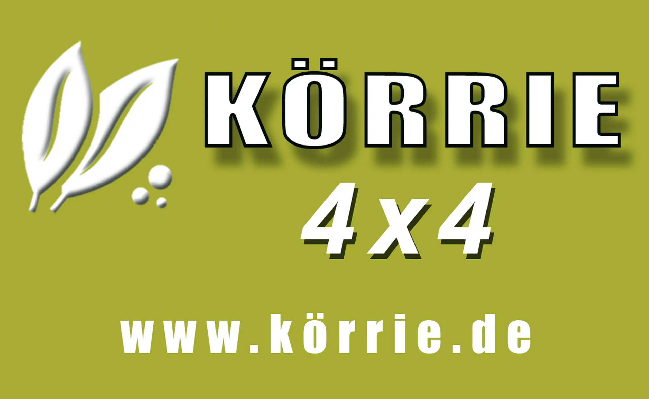 Vorlagegrafik des Etiketts für Körrie 4x4: Eine gelbgrüne Vorlagegrafik als Ansicht des Etiketts, mit weißem Blatt-Logo, dem prominenten Produktnamen "KÖRRIE 4X4" in fetter Typografie und der Website www.körrie.de, die den Markenclaim für ehrliche Gewürzm