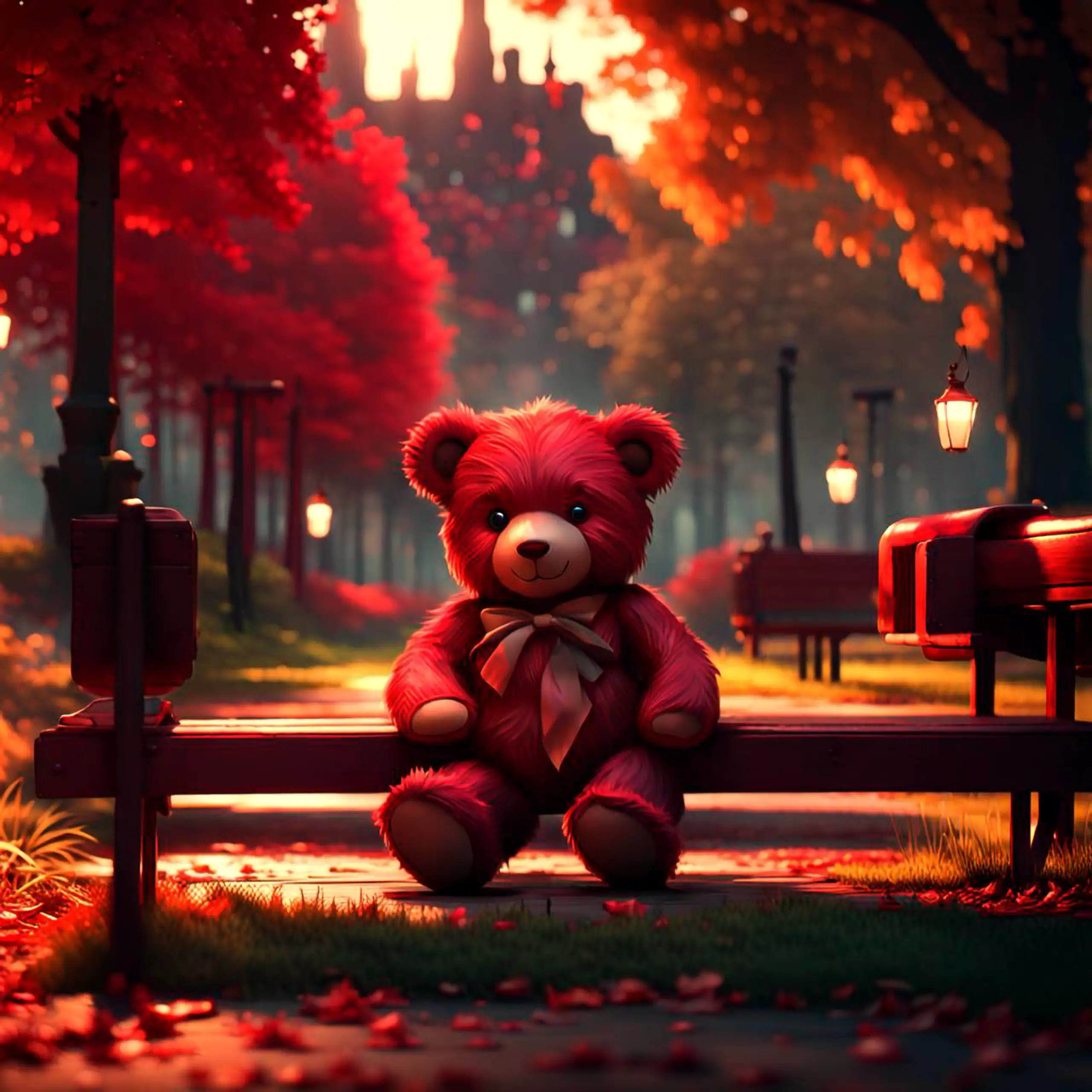 Ein entzückender, roter Teddybär – als Kuscheltier gestaltetes Berliner Wappentier, Geborgenheit, Wärme, Vertrauen und Sicherheit vermittelnd – sitzt in einem romantischen, herbstlichen Park auf einer Bank, umgeben von fallenden roten Blättern, Laternen u