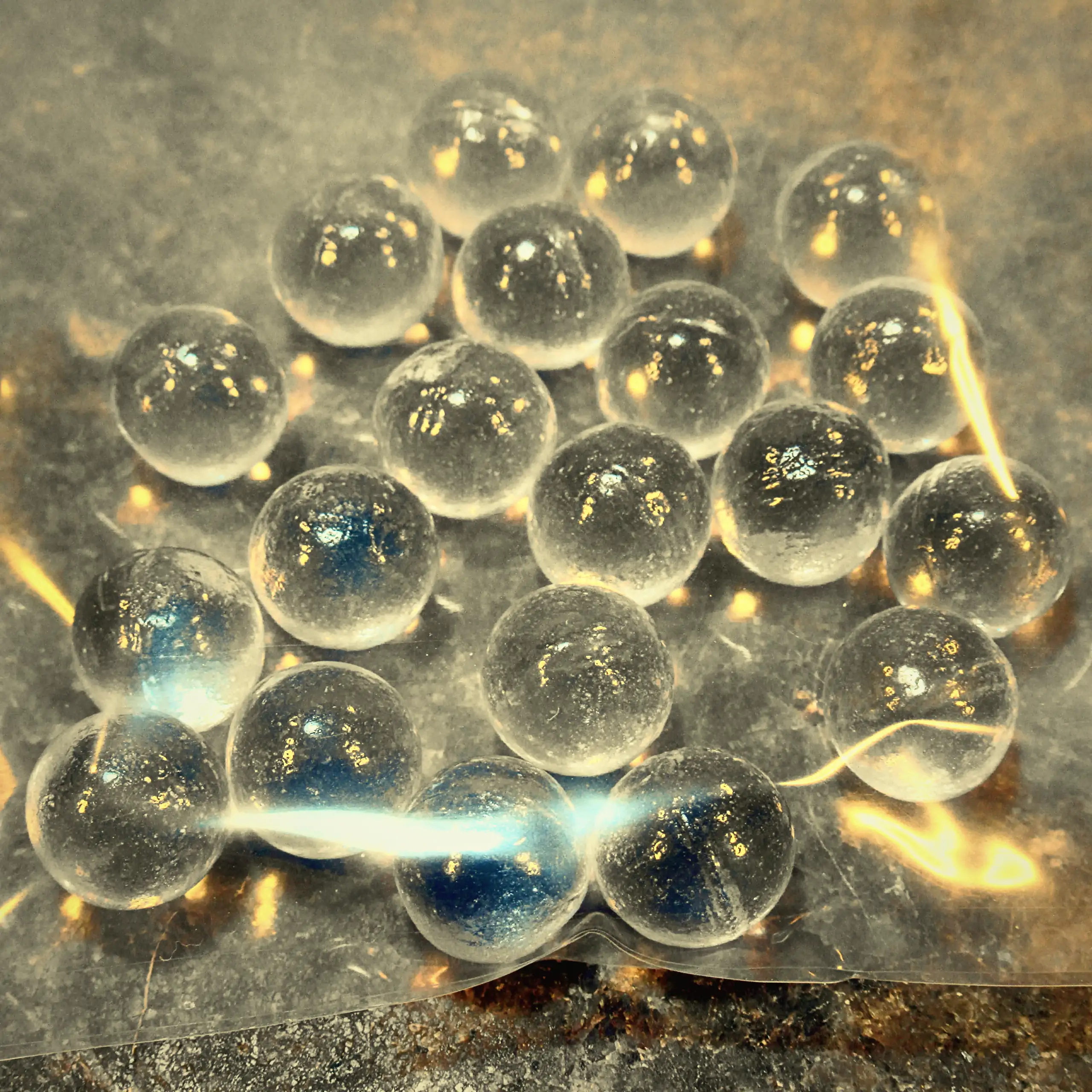 Ergänzende Ansicht der Körrie-Aktiv-Perlen (Glas) / Körrie KAP L: Eine Gruppe leuchtend transparenter, glänzender, gehärteter Glasperlen in einer durchsichtigen Plastikverpackung, verstreut auf einer Natursteinarbeitsplatte mit funkelnden Lichtreflexen fü