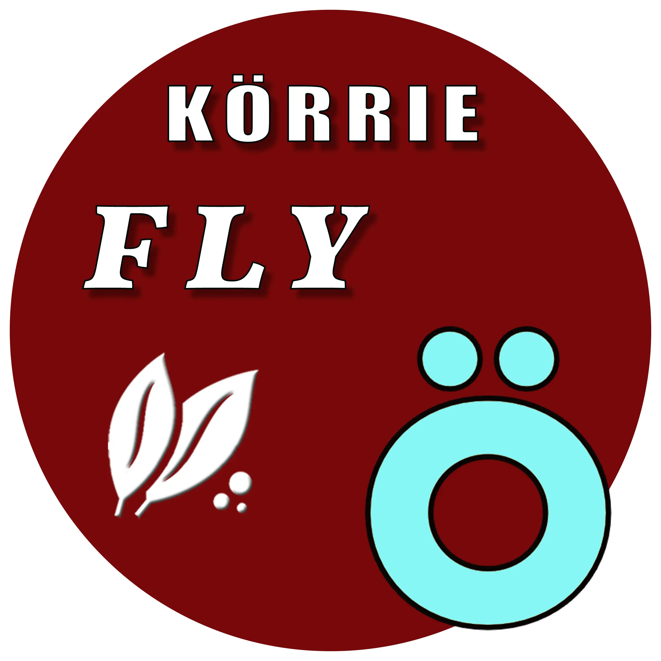 Produkt-Button für Körrie FLY / Pure Hearty Flakes: Ein burgunderroter, runder Button mit weißem Text "KÖRRIE FLY", stilisierten Blättern und einem prominenten "Ö"-Symbol (das "Ö" aus dem Logo von "Körrie - die ehrlichen Gewürzmischungen"), symbolisierend