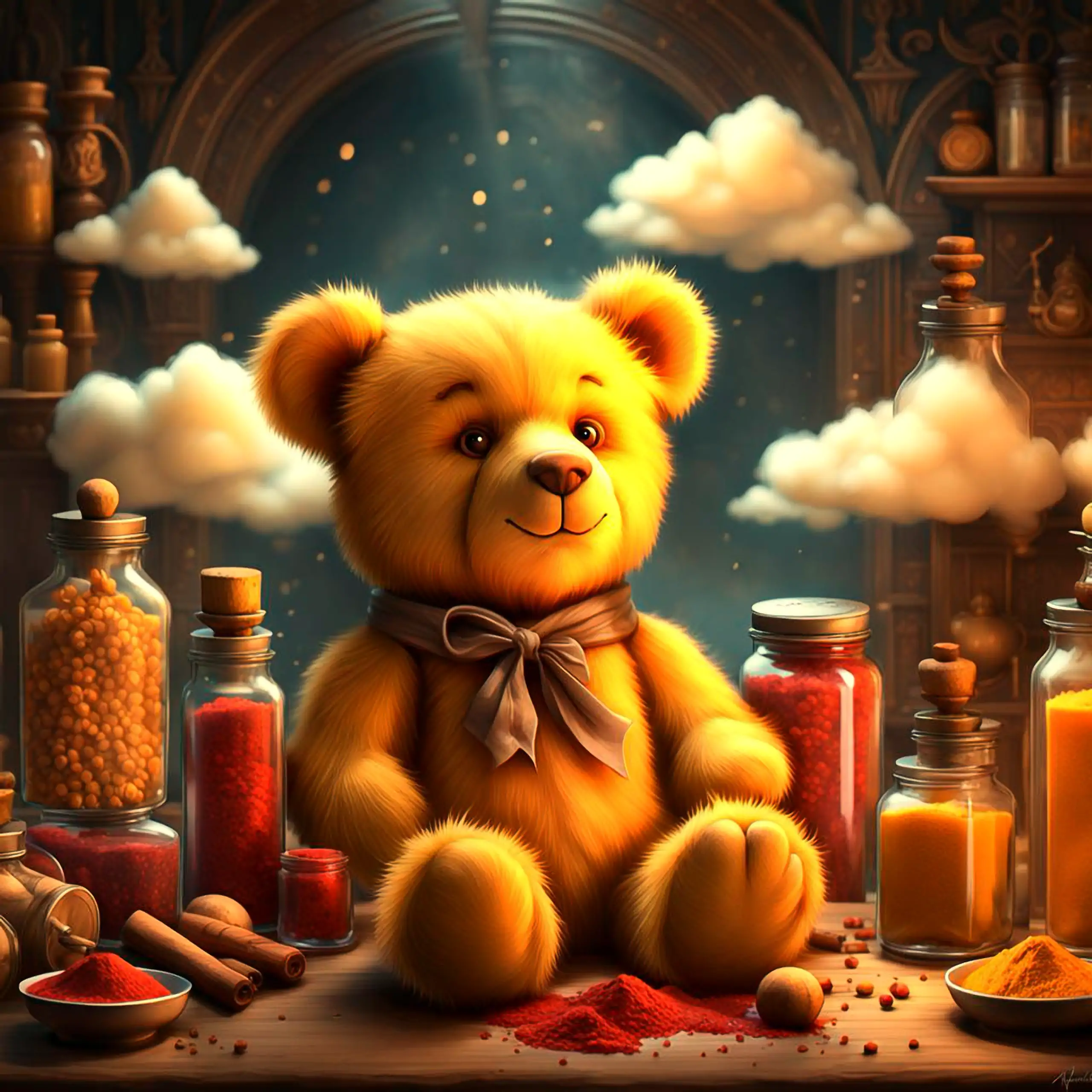 Ein zauberhafter, goldgelber Teddybär – Berliner Wappentier als Plüschbär, Geborgenheit, Sicherheit und Herzlichkeit bietend – sitzt in einer magischen, wolkenumrahmten Szene vor einem Spiegel, umgeben von farbenfrohen Gewürzflaschen mit roten und gelben 