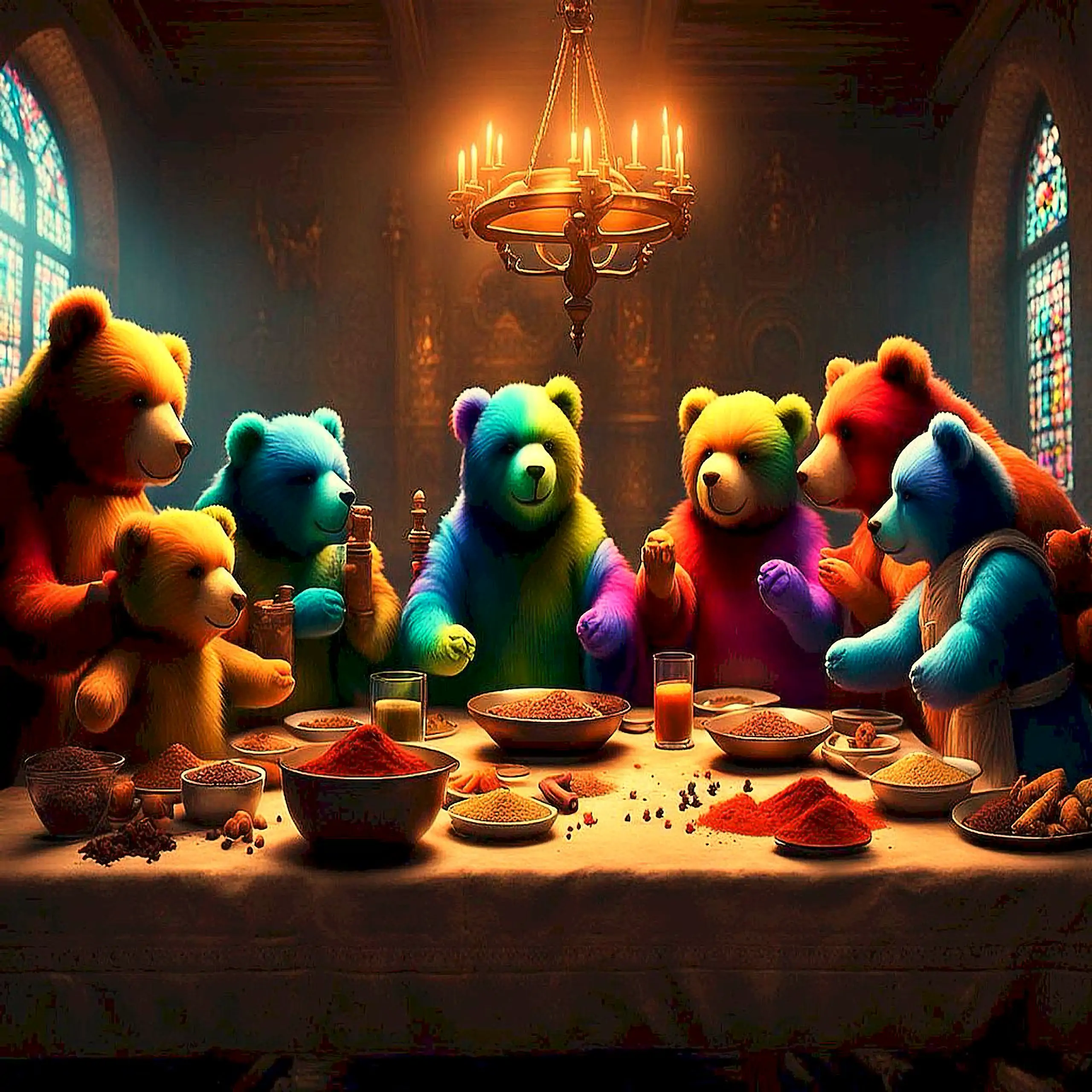 Eine Gruppe freundlich verbundener Teddybären in bunten Farben wie von einem Regenbogen erleuchtet – Bären als Wappentiere Berlins, der Stadt, in der Körrie hergestellt wird – sitzt und steht in einer majestätischen, gotischen Halle unter einem großen, ke