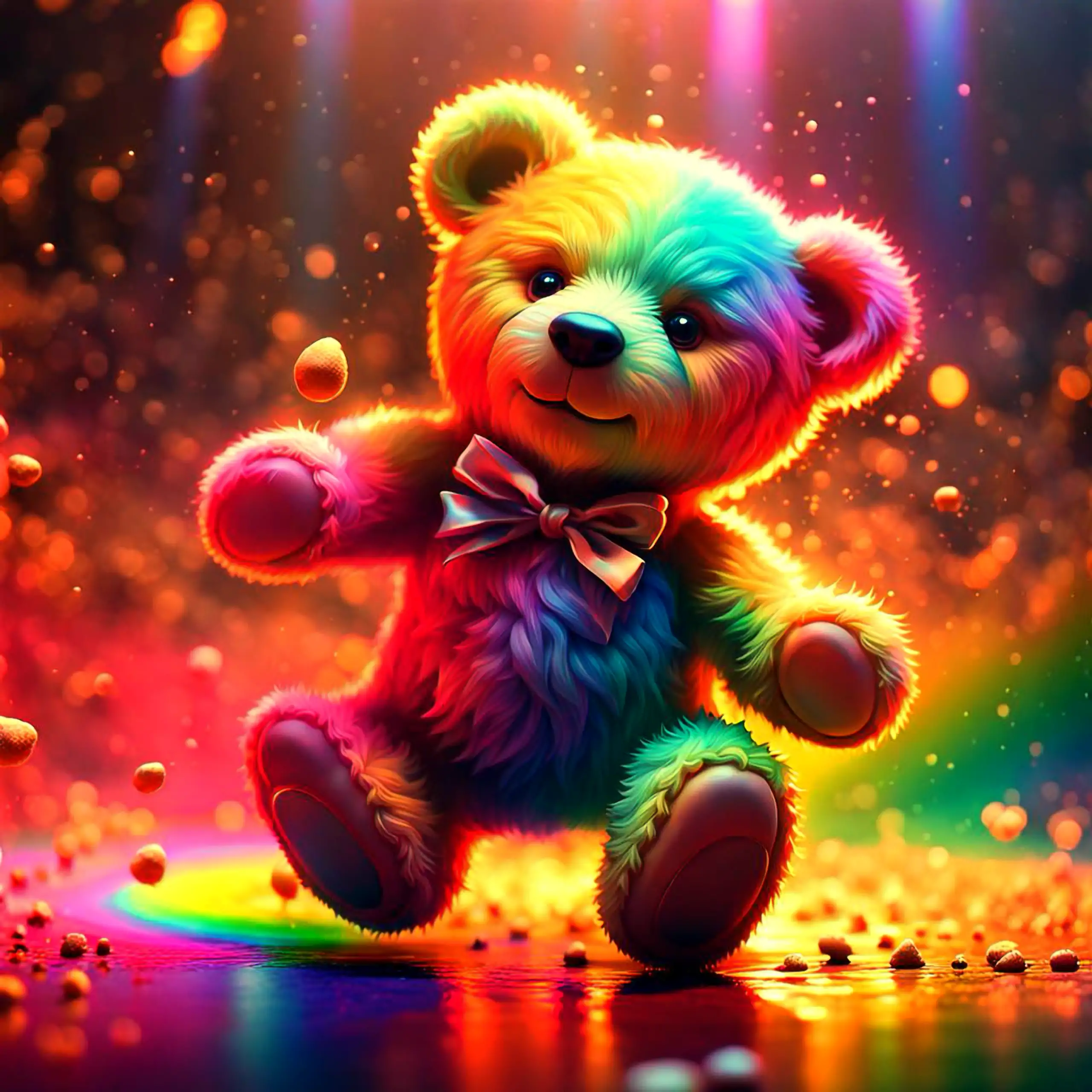 Ein fröhlicher Teddybär – das ikonische Wappentier Berlins als Plüschtier – tanzt freudig in einer kosmischen Szene mit schwebenden Partikeln und einem strahlenden Regenbogen, umgeben von bunten Gewürzpulvern in kräftigen, warmen Farben, die Vielfalt, Div
